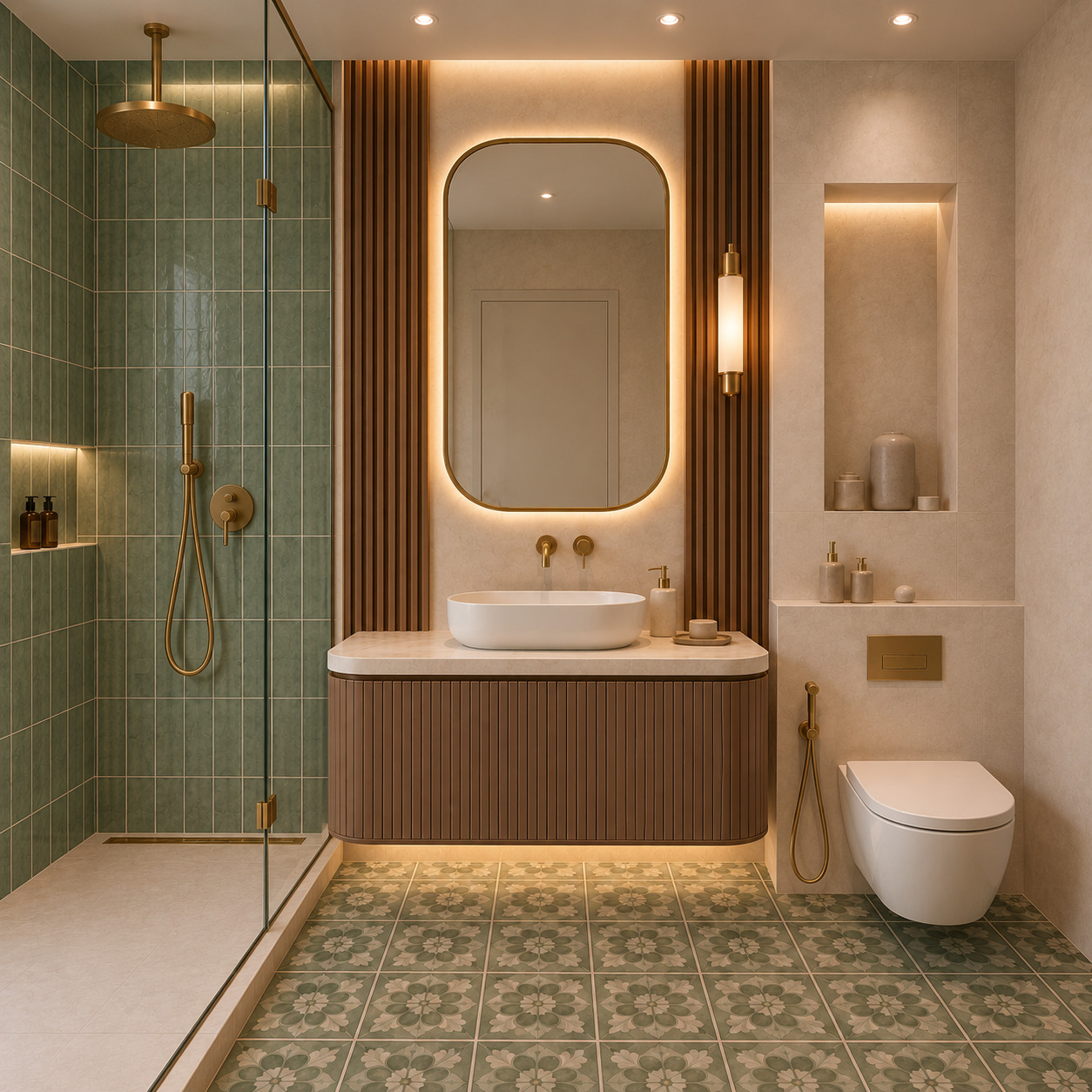 Akdeniz Dokulu Yeşil Çinili ve Ahşap Lavabolu Banyo