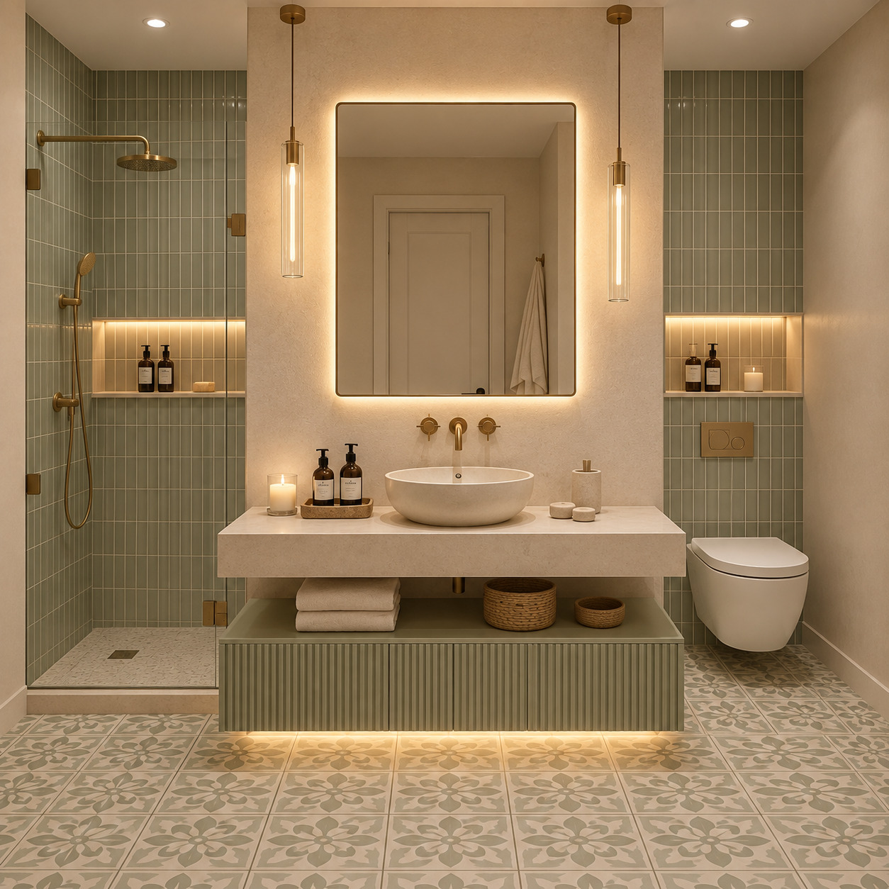 Akdeniz Tarzı Spa Banyo | Desenli Zemin Karosu ve Çanak Lavabo