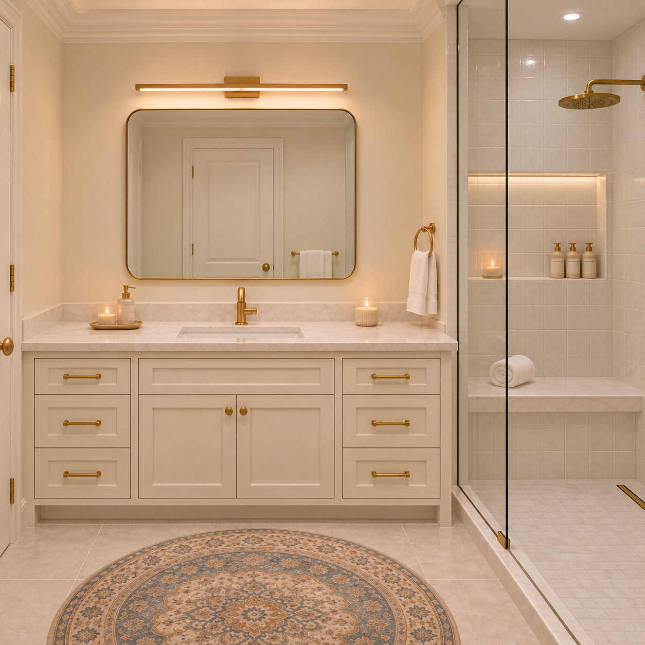 Country Banyo Tasarımı | Krem Banyo Dolabı ve Porselen Tezgah