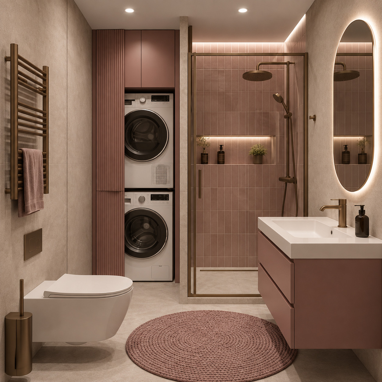 Gül Kurusu & Çamaşır Alanı Modern Banyo