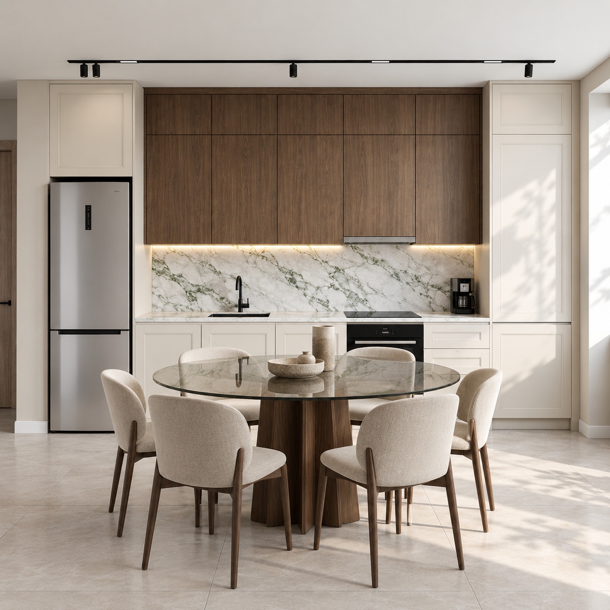 Çift Kademe Ahşap Dolaplı ve Bej Lake Modern Açık Mutfak