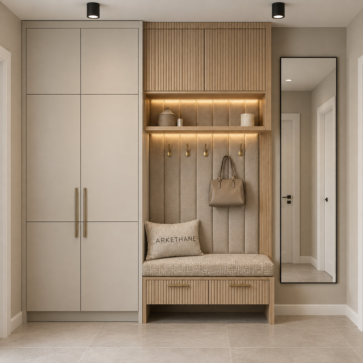 Fitilli Ahşap Kapaklı Modern Villa Antre Dolabı
