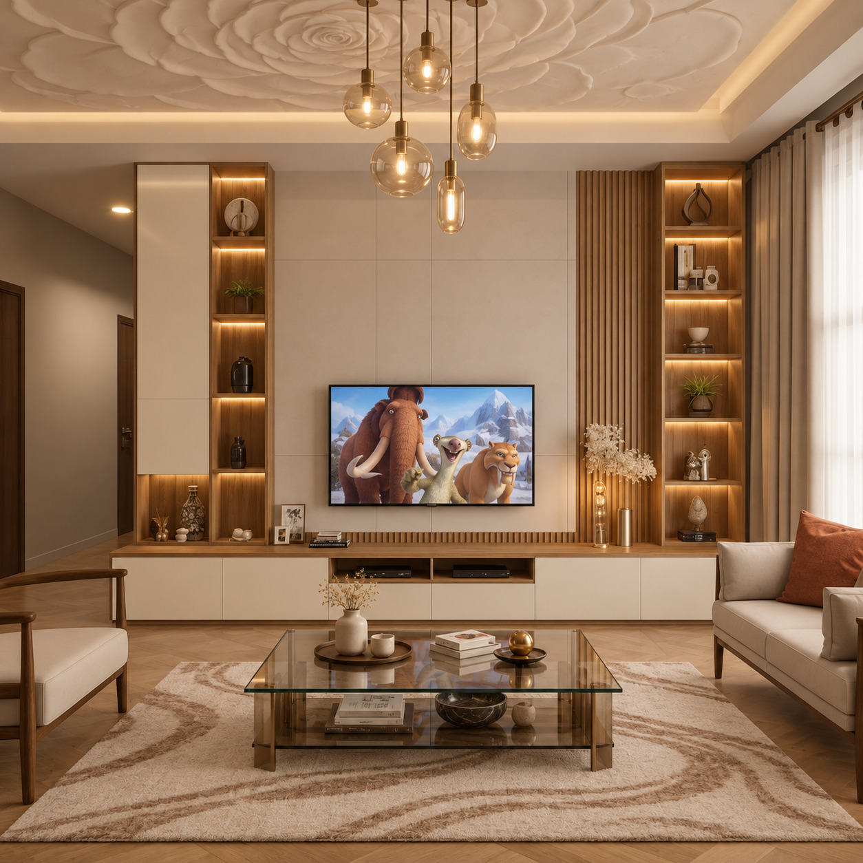 Modern TV Ünitesi Modelleri | Doğal Meşe Kitaplık Lüks Salon TV Ünitesi
