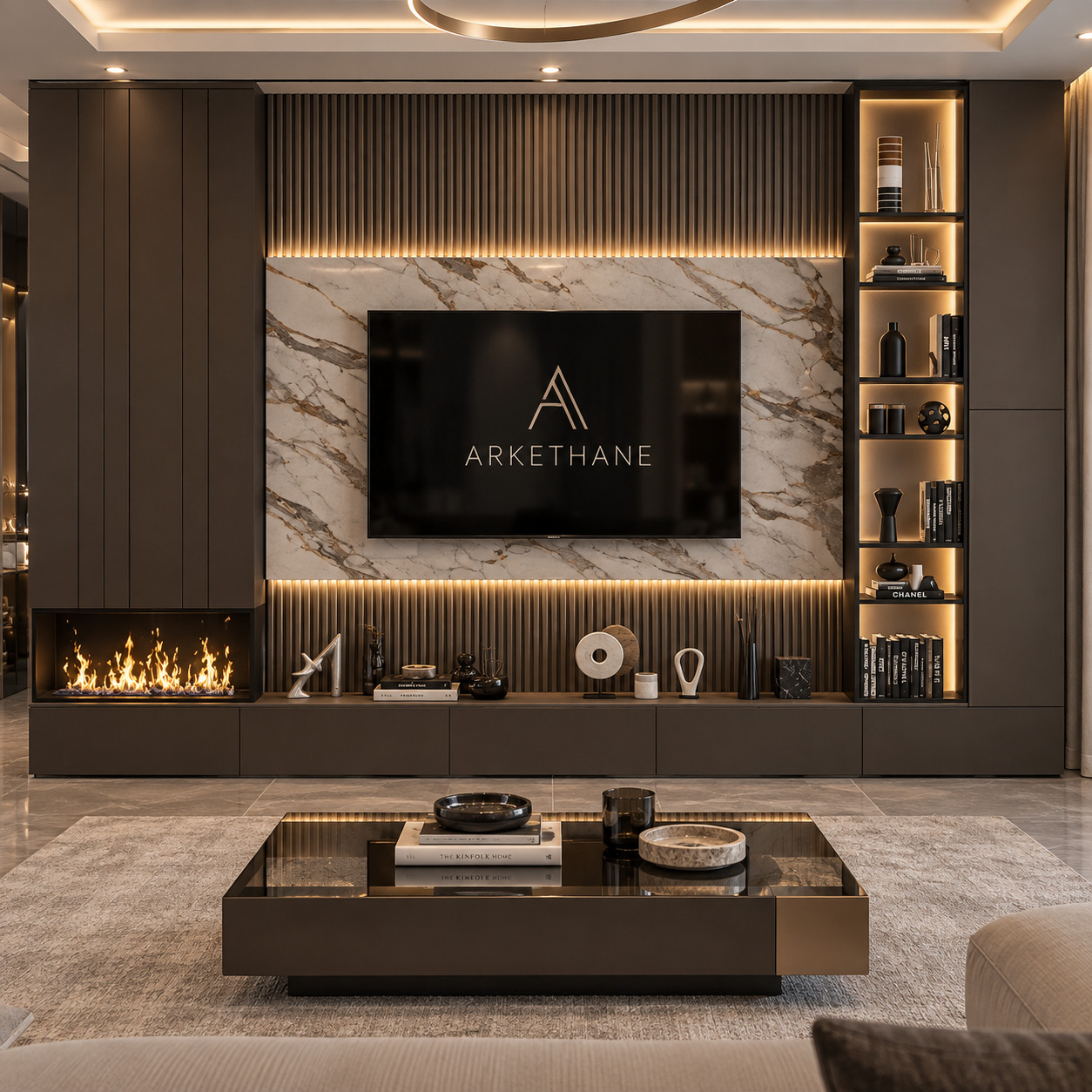 Köşe Şömineli TV Ünitesi | Calacatta Mermer Panel ve Çıtalı TV Ünitesi