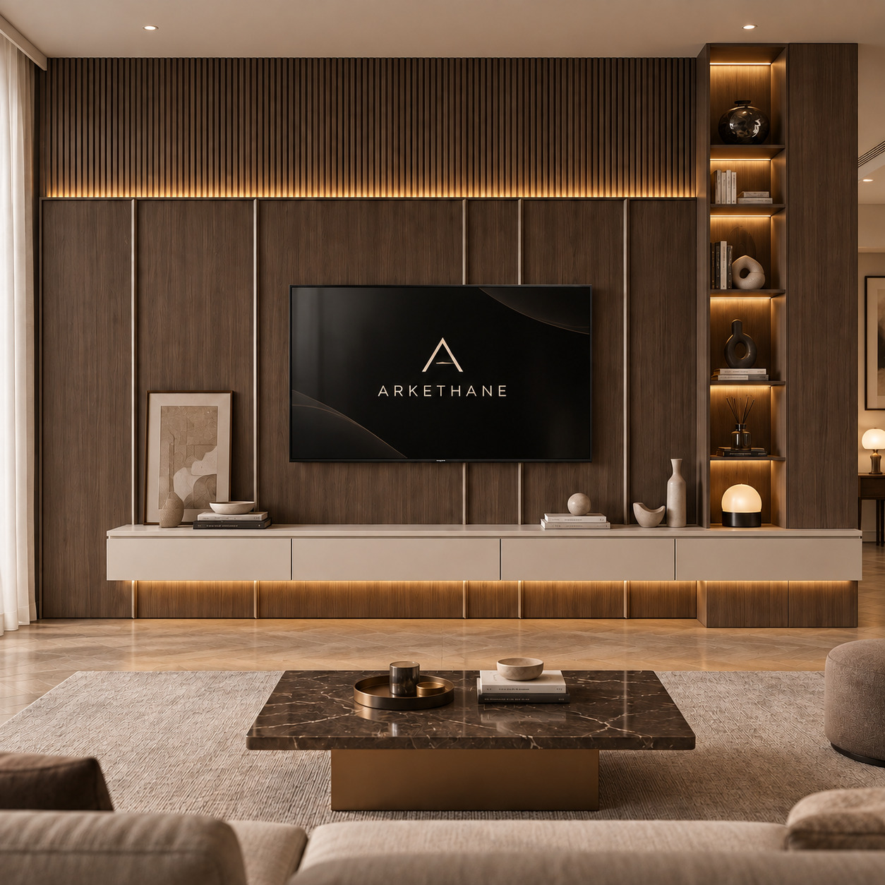 Özel Tasarım Ahşap Çıtalı TV Ünitesi | Doğal Ceviz Kaplama TV Ünitesi