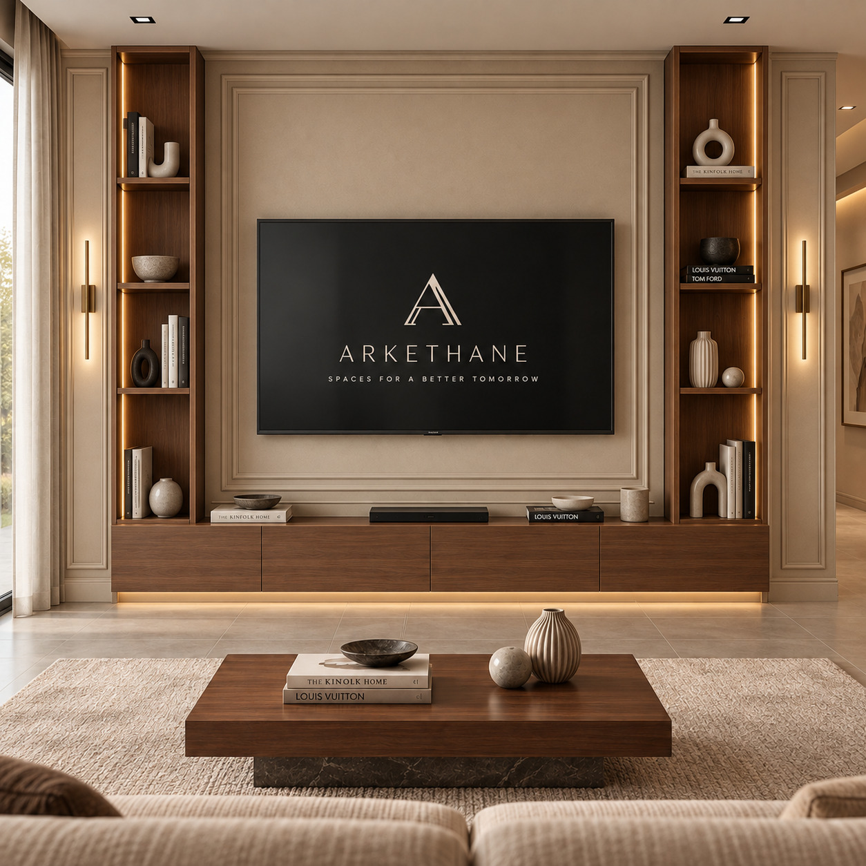 Ahşap Kitaplıklı TV Ünitesi | Bej Lake Çıtalı TV Ünitesi