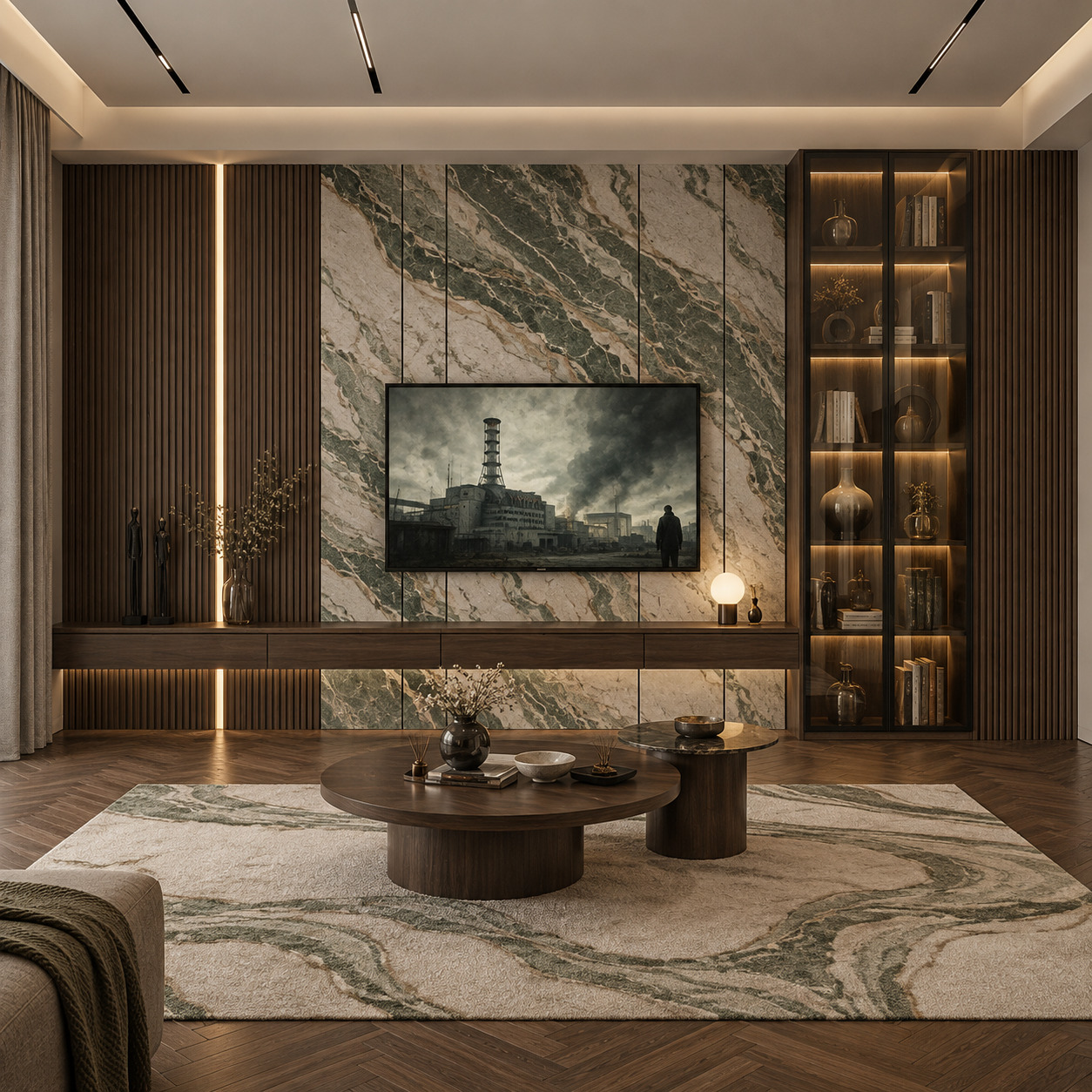 Modern Salon TV Ünitesi Fikirleri | Alüminyum Cam Dolap ve Mermer TV Ünitesi