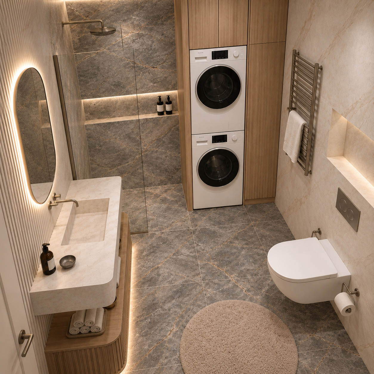 Natural Oak & Marble Textured Modern Bathroom