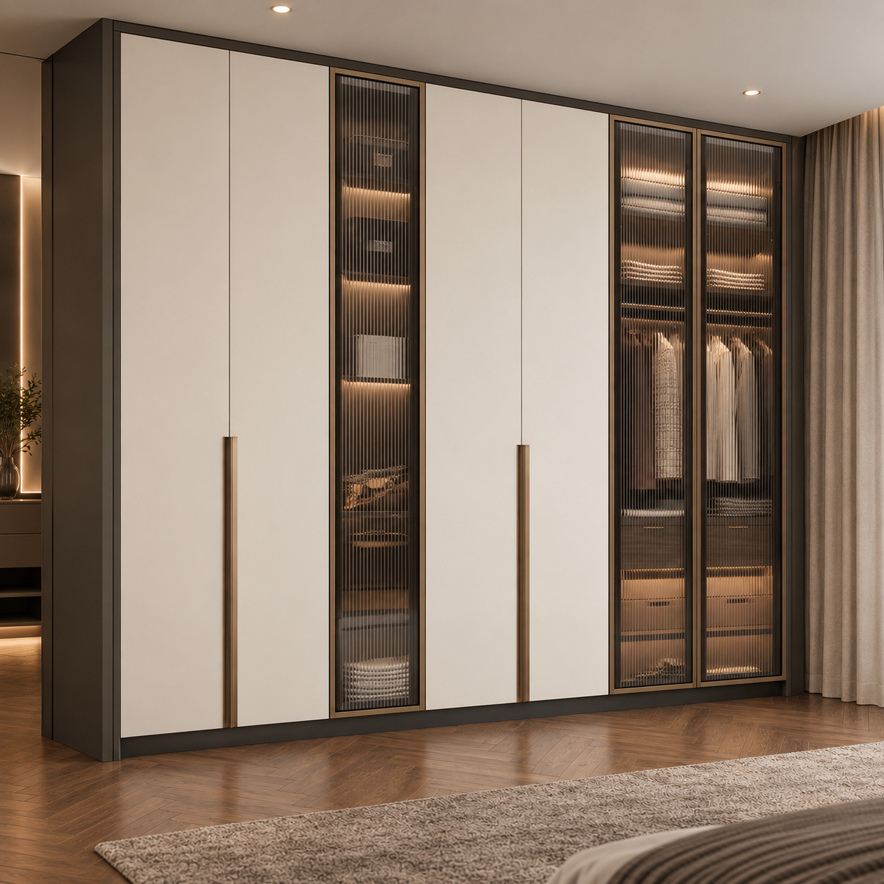 Cam Vitrinli Gardırop | Kırık Beyaz Lake ve Bronz Nervür Cam Kapaklı Dolap