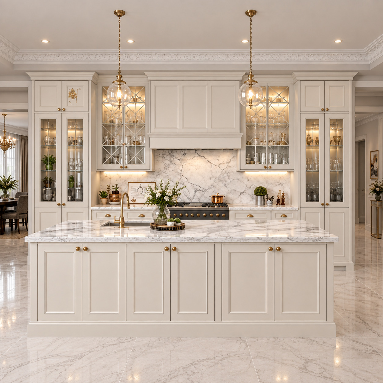 Luxury Neoclassical Island Kitchen with Ivory Shaker Doors and Carrara Marble