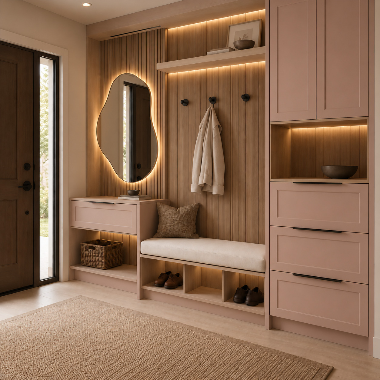 Luxury Entrance Storage with Dusty-Rose Lacquer and Light-Oak Slatted Panels
