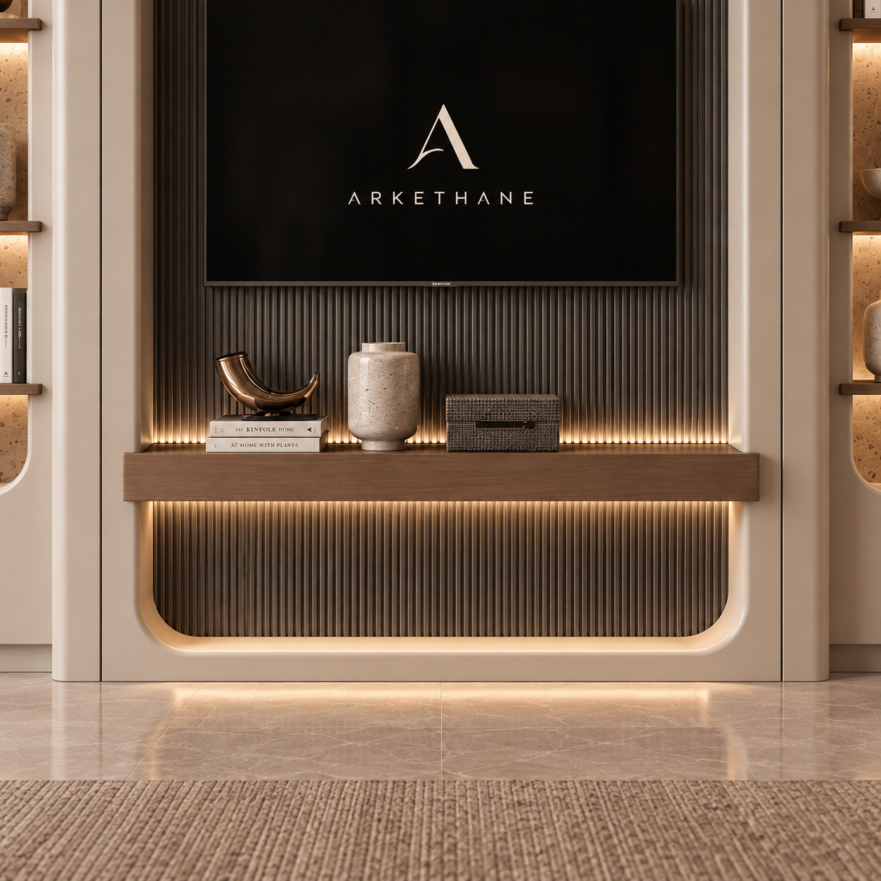 Kavisli Niş Kitaplıklı TV Ünitesi | Antrasit Çıtalı TV Ünitesi