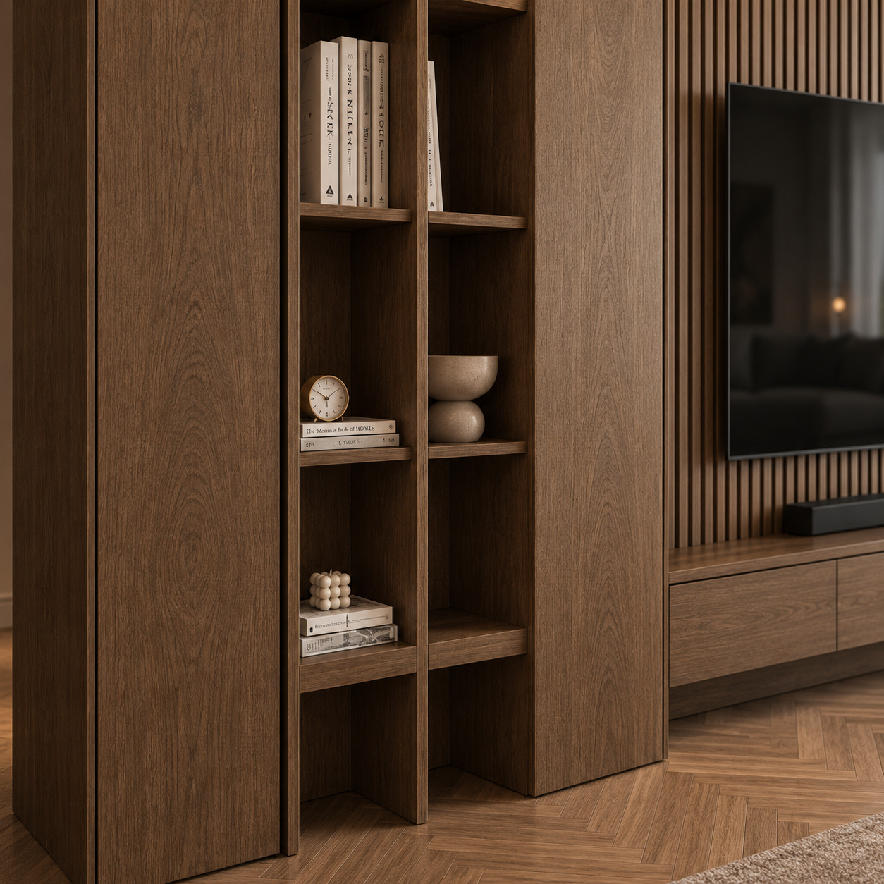 Lüks Salon TV Ünitesi | Doğal Ahşap Panel ve Gizli Ledli TV Ünitesi