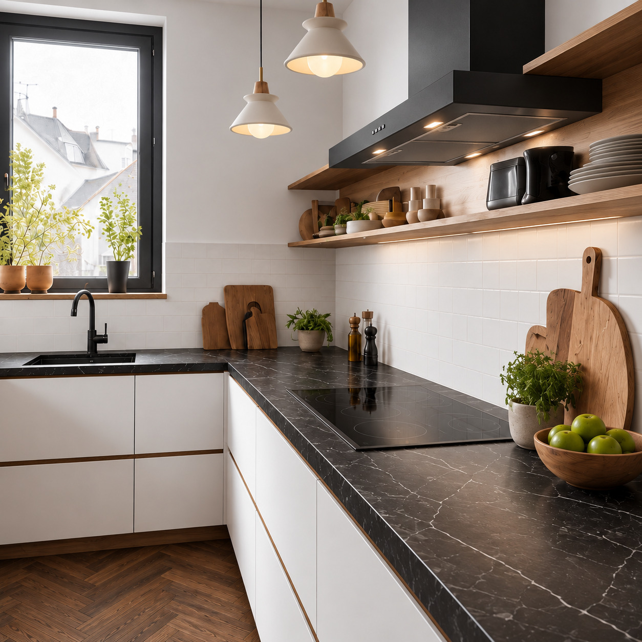 U-Shaped Kitchen with Porcelain Countertops and White Acrylic Doors