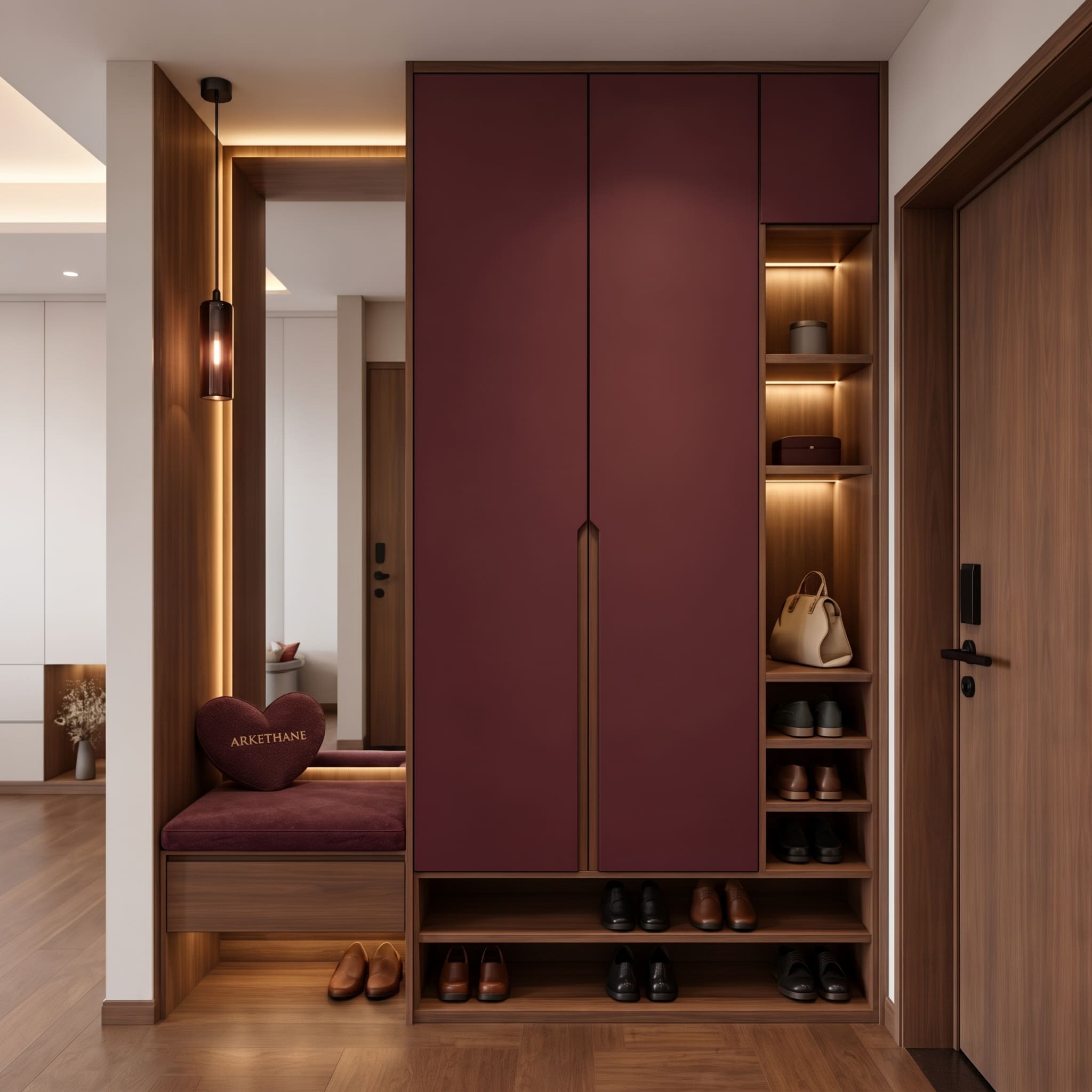 Modern Hallway Wardrobe with Burgundy/Plum Lacquer, Walnut and an Illuminated Mirror