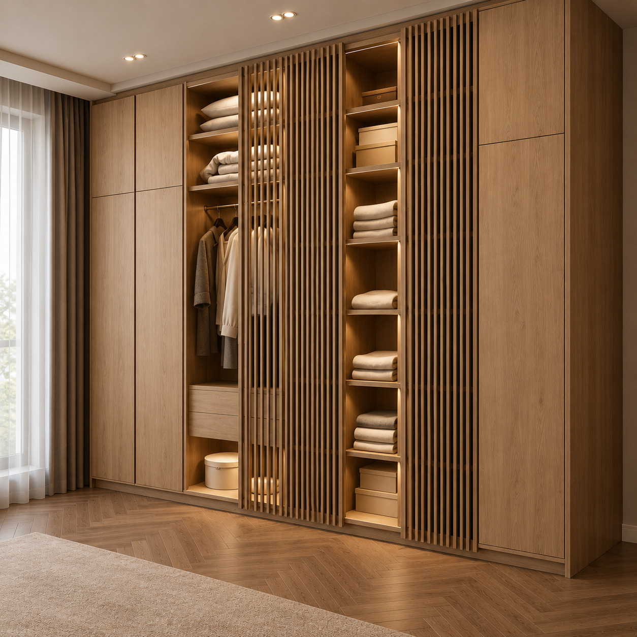 Japandi Wardrobe | Oak Veneer and Timber Slatted Sliding Doors