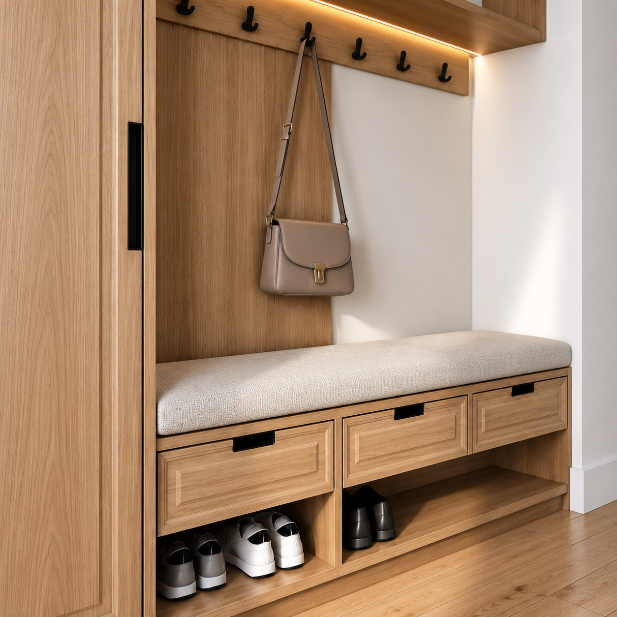 Modern Entrance Wardrobe with Natural Oak Framed Doors and Open Shelving