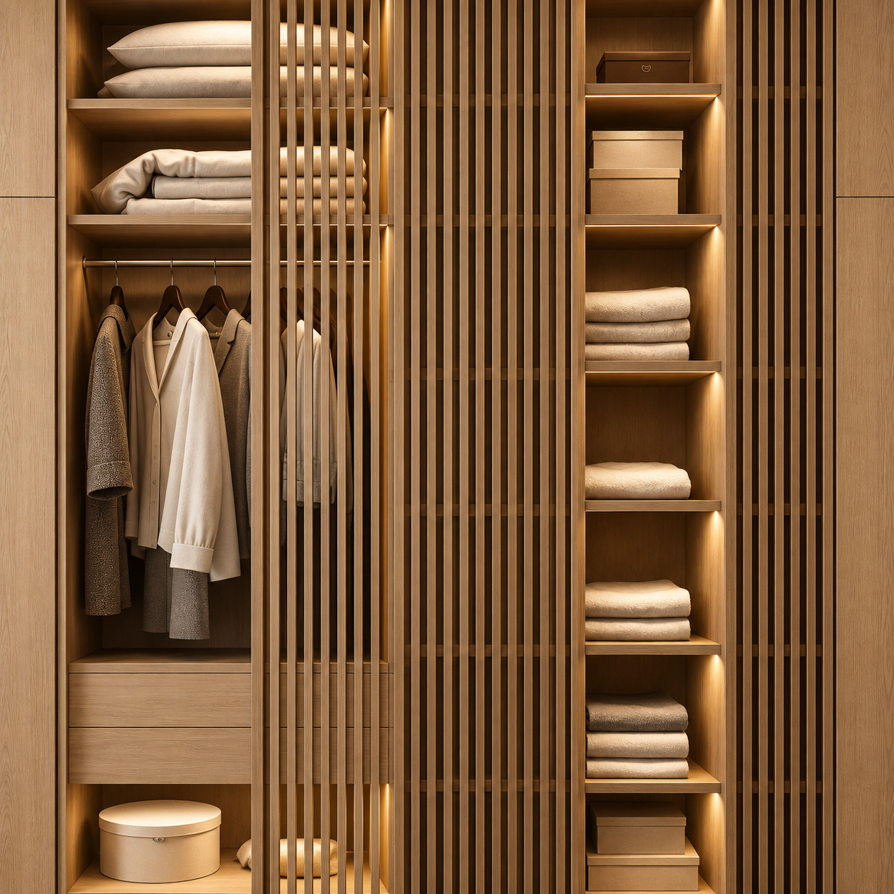 Japandi Wardrobe | Oak Veneer and Timber Slatted Sliding Doors