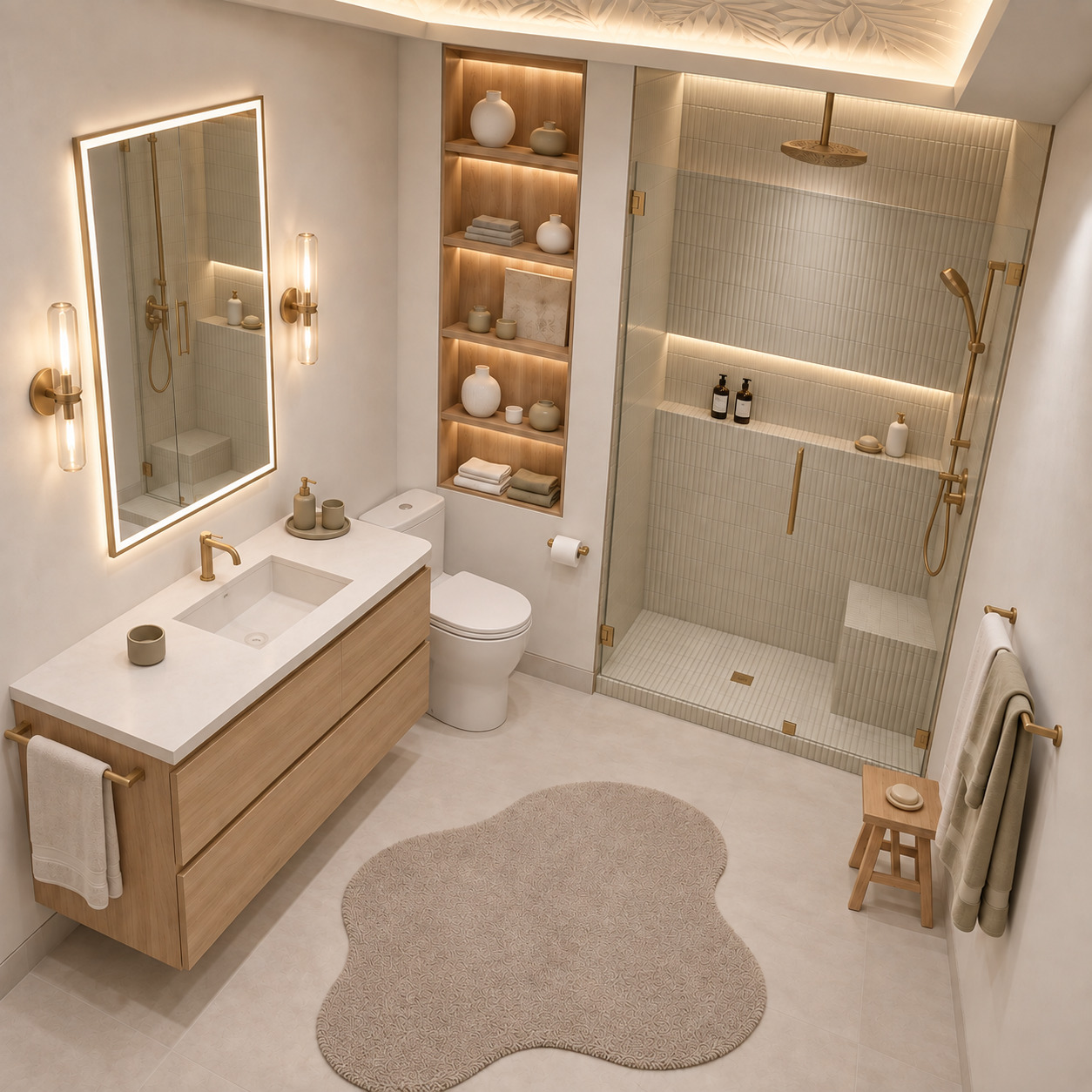 Japandi Bathroom Designs | Natural Timber and Recessed Shelving