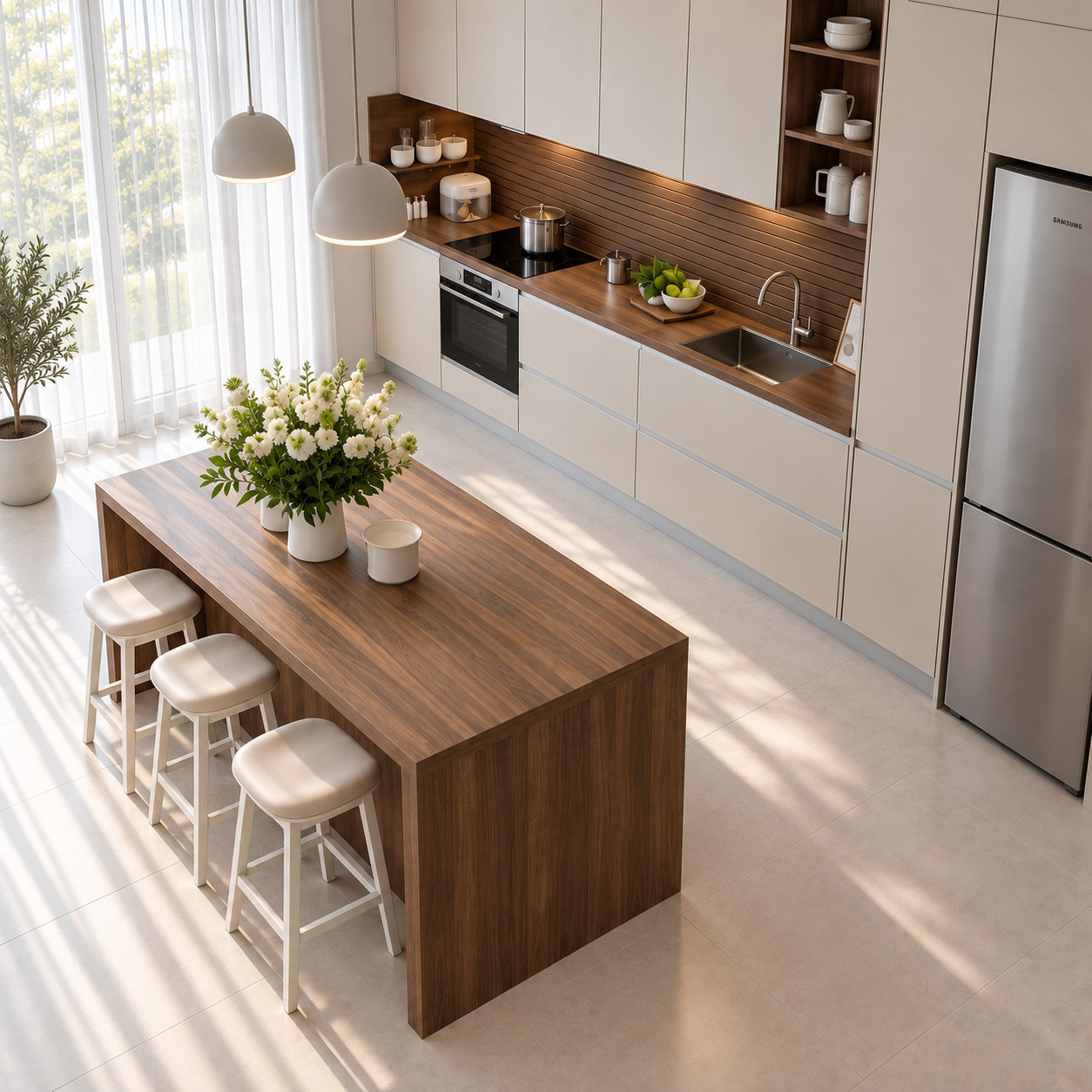 Çift Sıra Dolaplı Modern Açık Mutfak