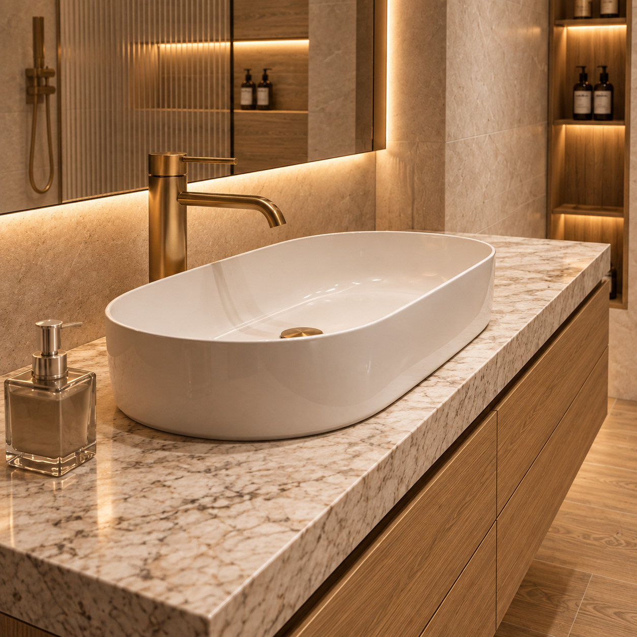 Japandi Banyo | Doğal Meşe Konsol ve Nervür Cam Duşakabin