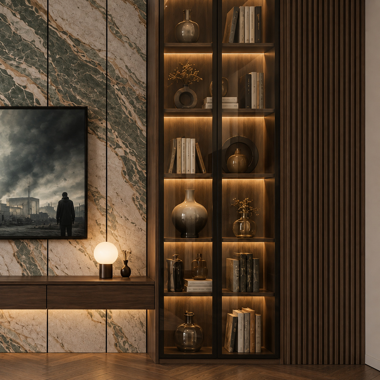 Modern Salon TV Ünitesi Fikirleri | Alüminyum Cam Dolap ve Mermer TV Ünitesi