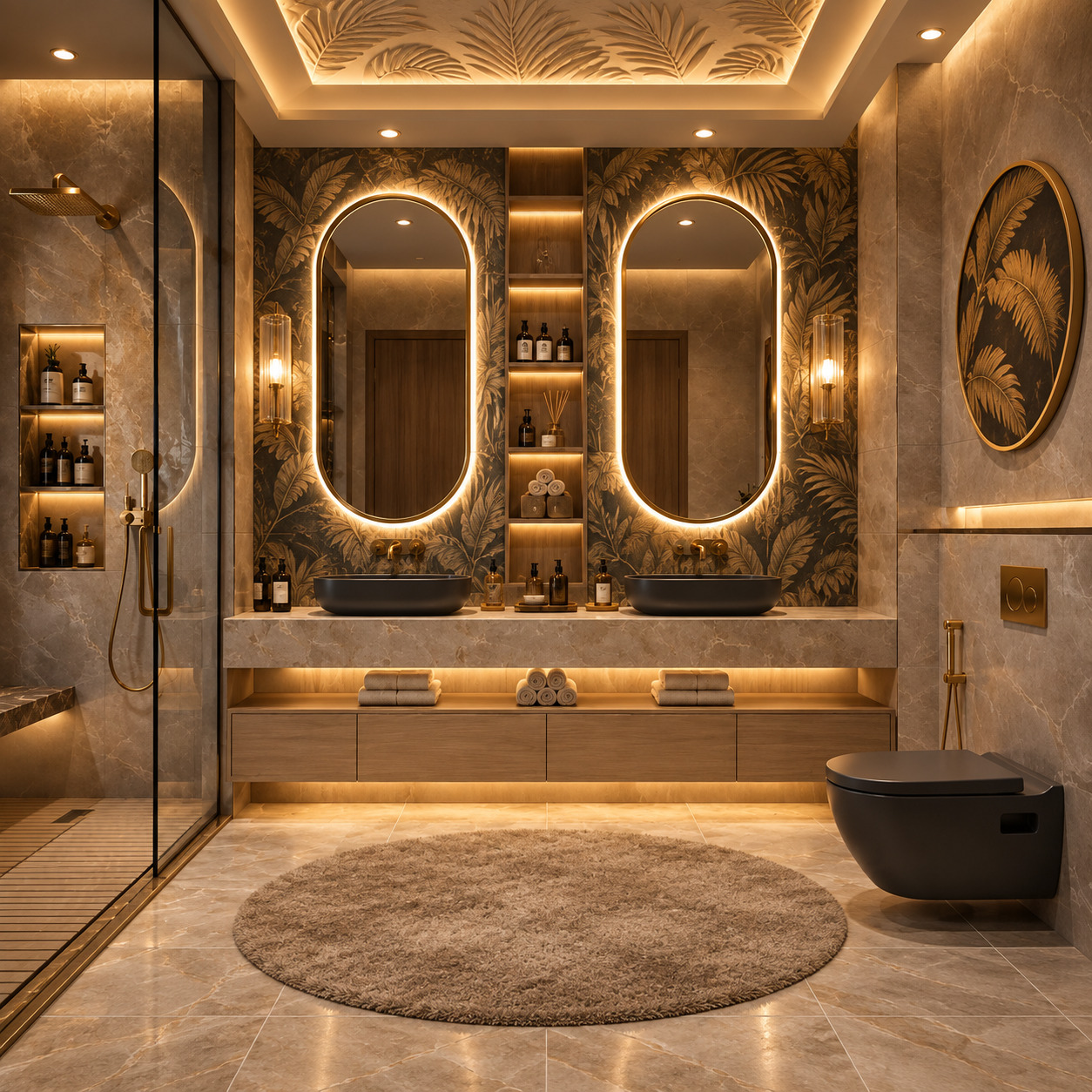 Botanik Duvar Kağıtlı Banyo Modeli | Çift Çanak Lavabo