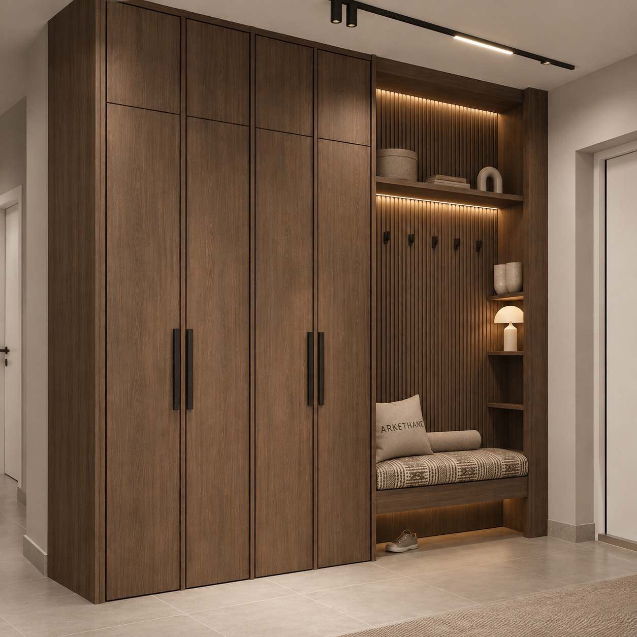 Luxury Entryway Wardrobe with Dark Oak Veneer and Vertical Timber Slats