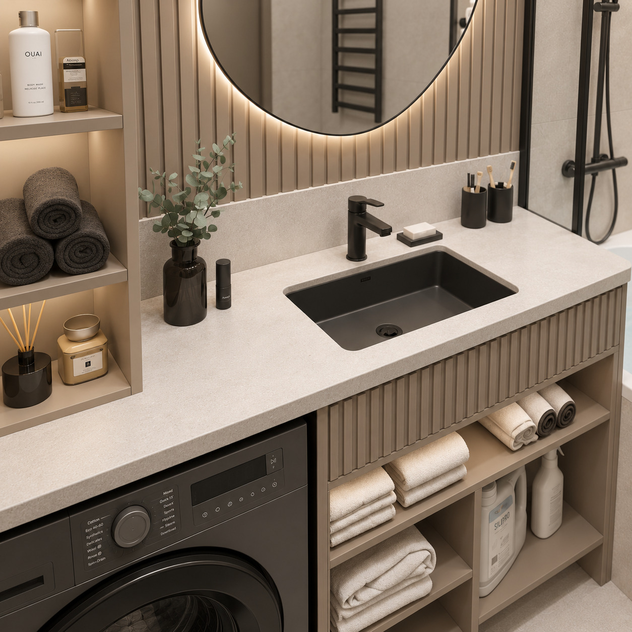 Taupe Panelled and Bathtub-Integrated Modern Bathroom