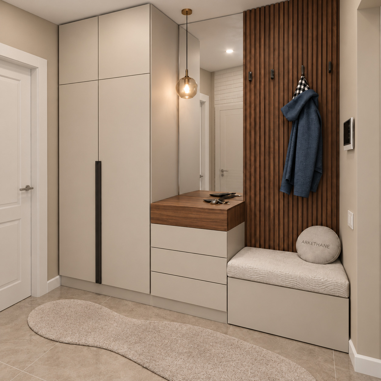 White Lacquer Hallway Wardrobe with Drawer Console and Full-Length Mirror