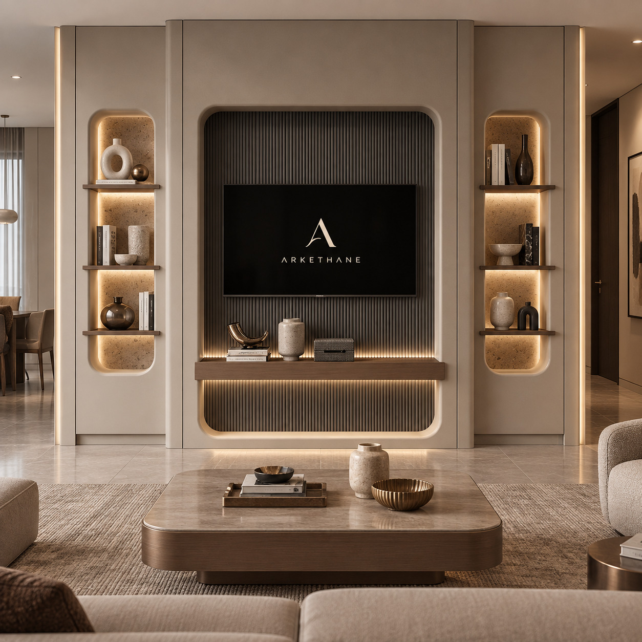 Kavisli Niş Kitaplıklı TV Ünitesi | Antrasit Çıtalı TV Ünitesi