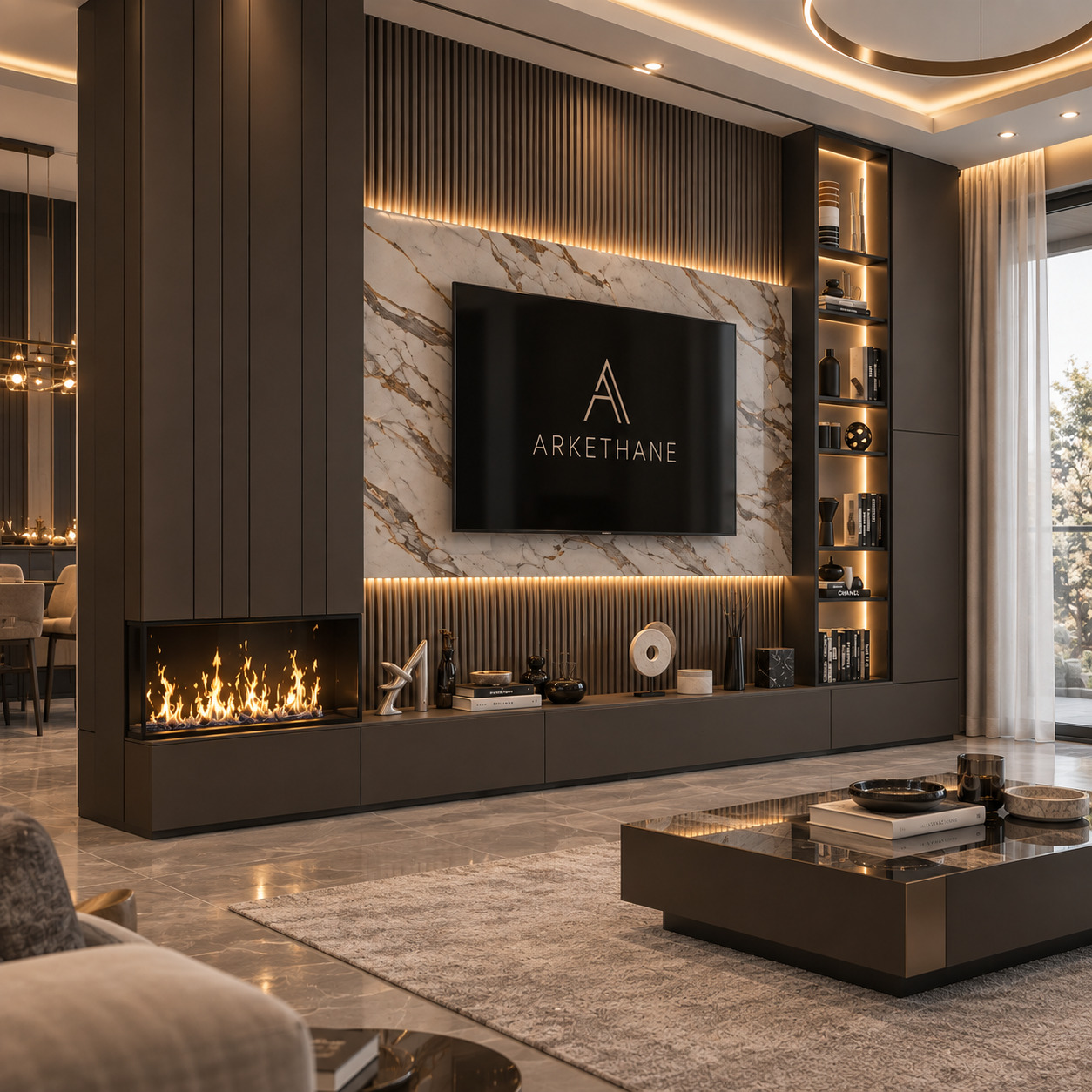 Köşe Şömineli TV Ünitesi | Calacatta Mermer Panel ve Çıtalı TV Ünitesi