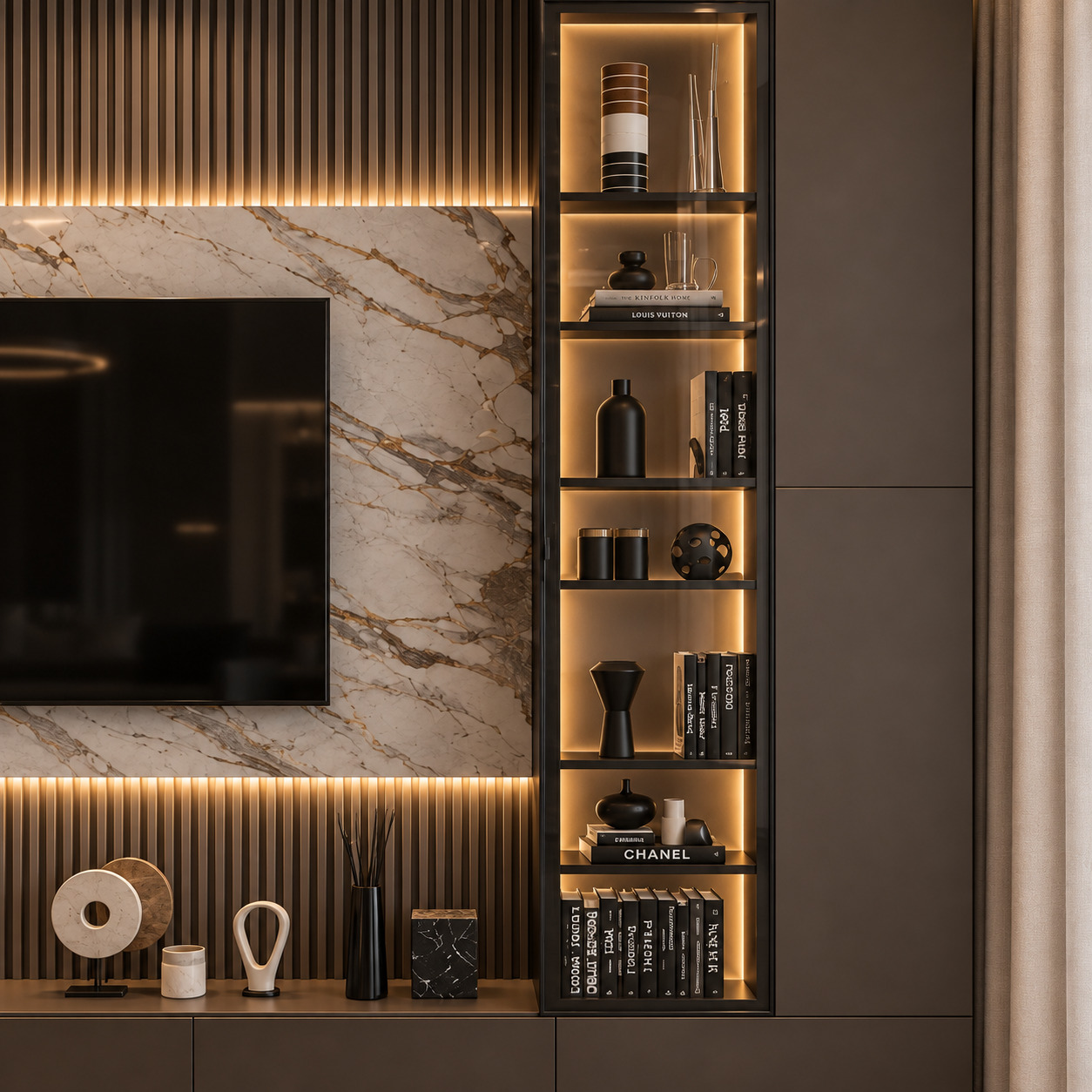Köşe Şömineli TV Ünitesi | Calacatta Mermer Panel ve Çıtalı TV Ünitesi