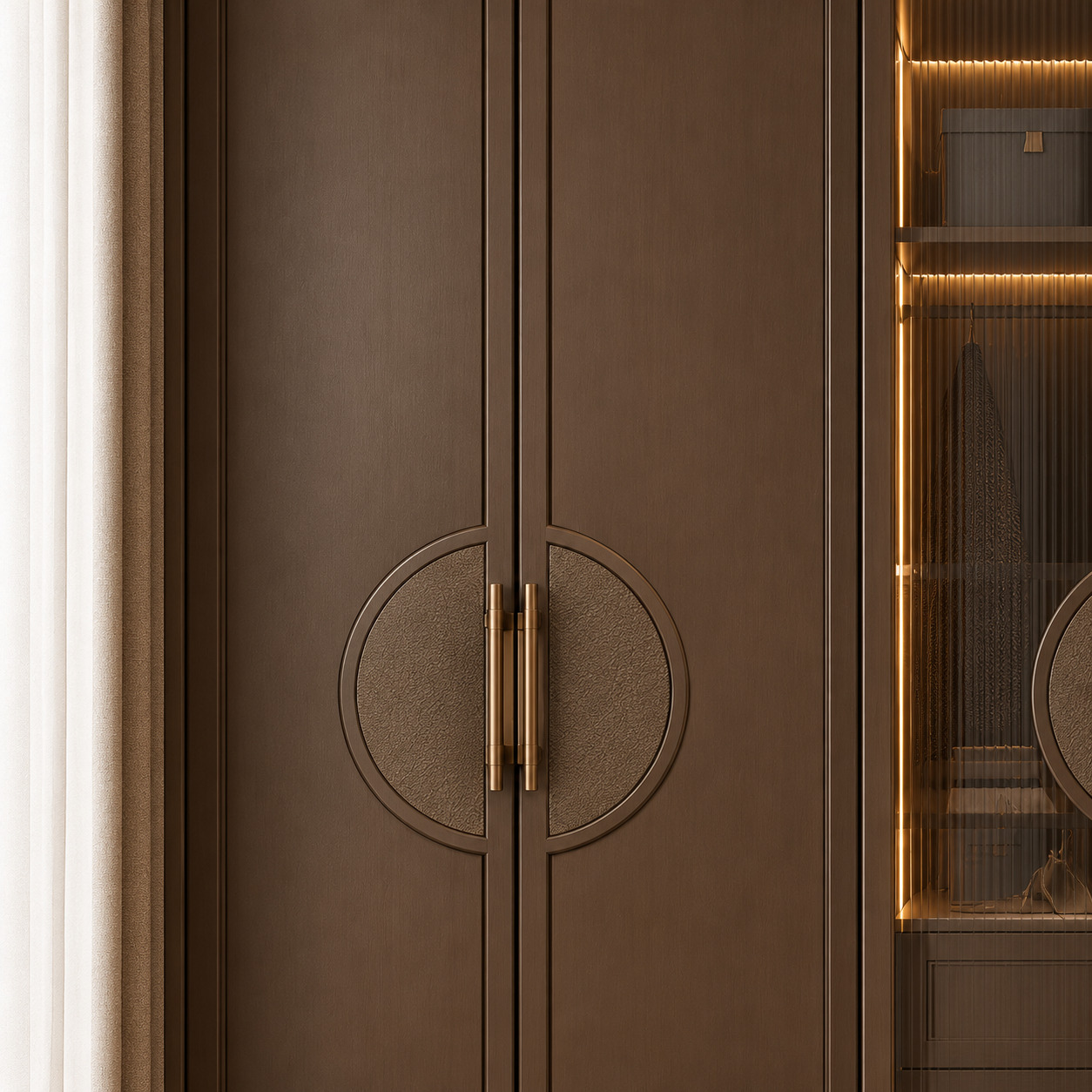 Glass Display Wardrobe Design | Bronze Fluted Glass and Matt Lacquer