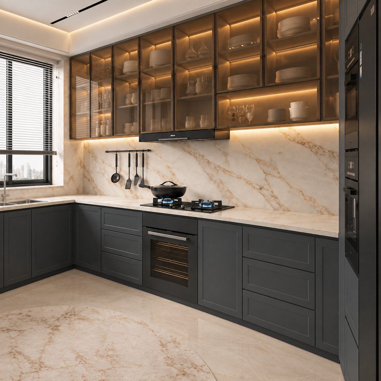 Luxury U-Shaped Kitchen with Matt Anthracite Shaker Doors and Bronze Glass Displays