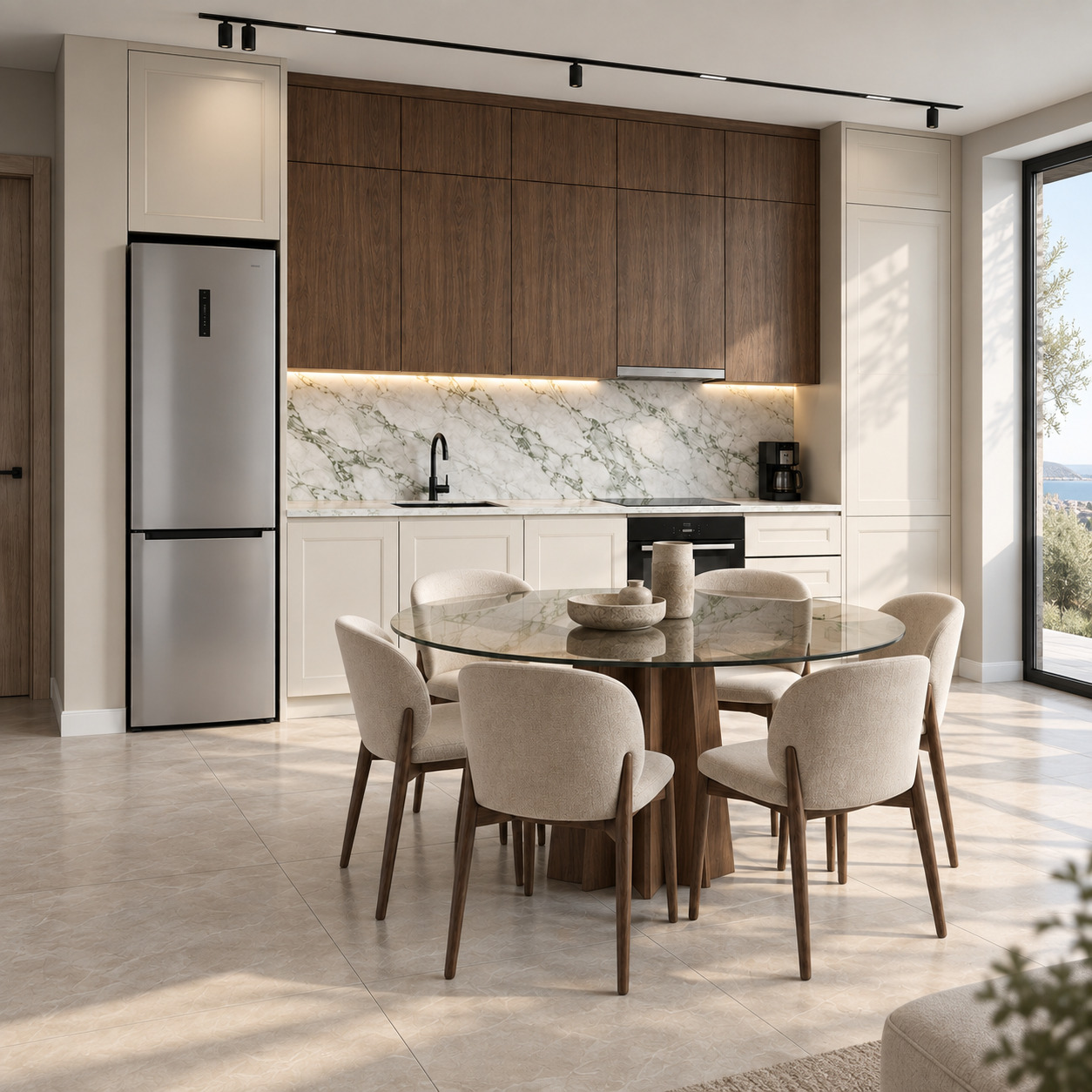 Çift Kademe Ahşap Dolaplı ve Bej Lake Modern Açık Mutfak