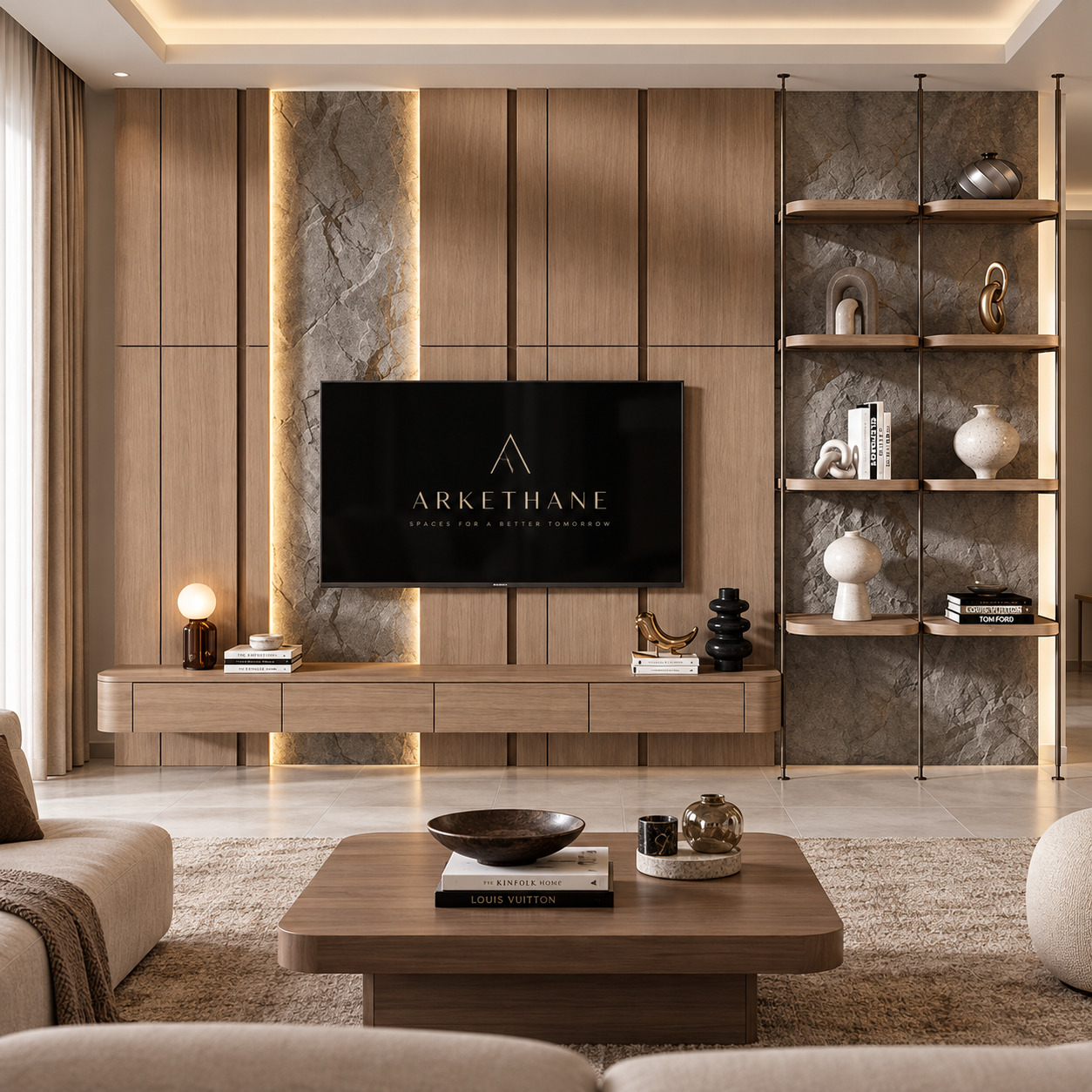 Özel Tasarım Kaya Dokulu TV Ünitesi | Açık Metal Kitaplıklı TV Ünitesi