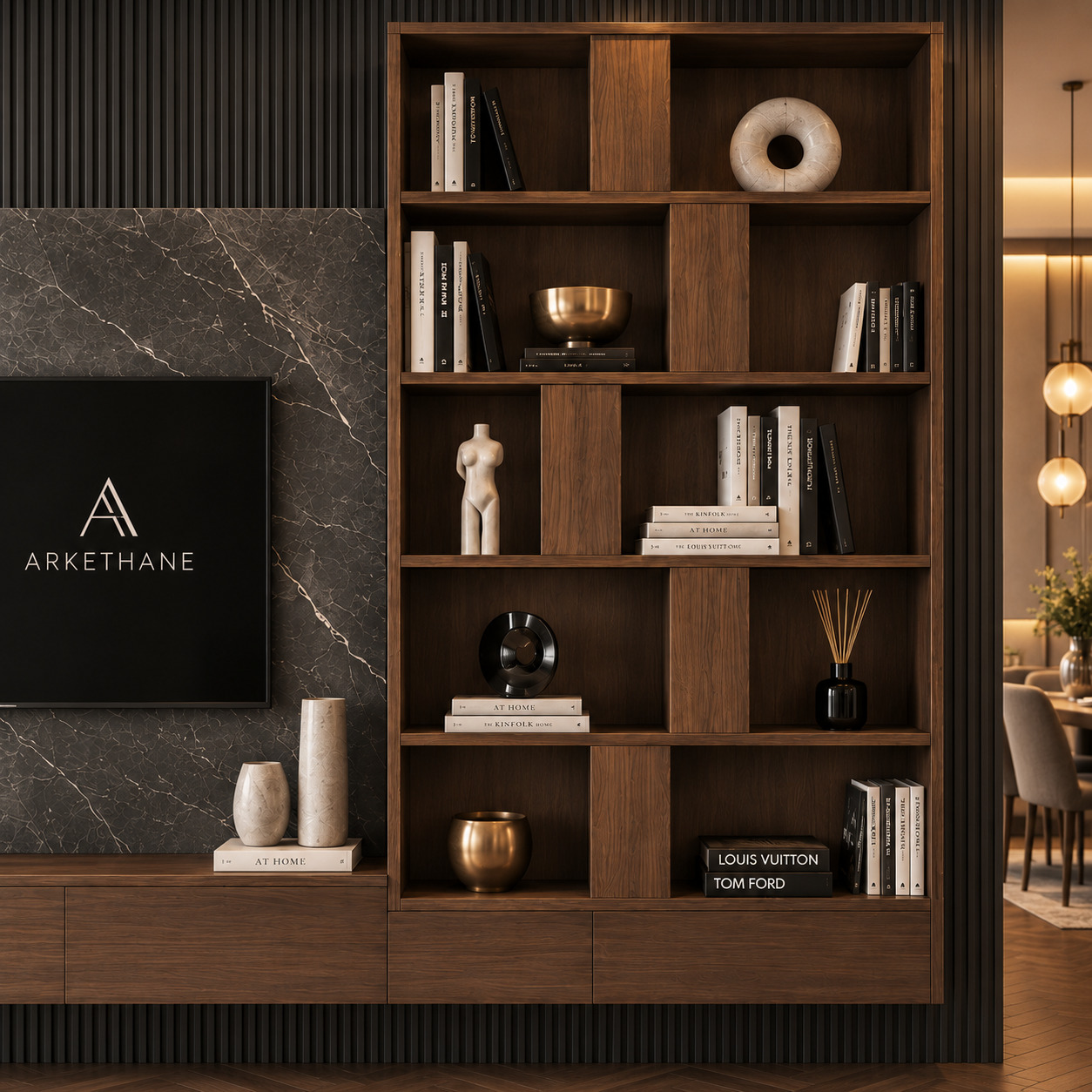 Özel Tasarım Porselen TV Ünitesi | Ahşap Panelli ve Raflı TV Ünitesi