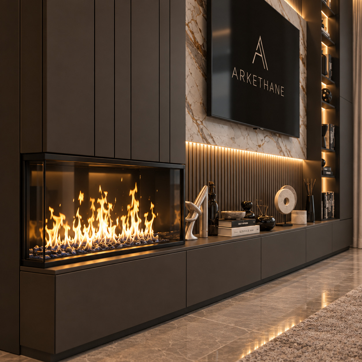 Köşe Şömineli TV Ünitesi | Calacatta Mermer Panel ve Çıtalı TV Ünitesi
