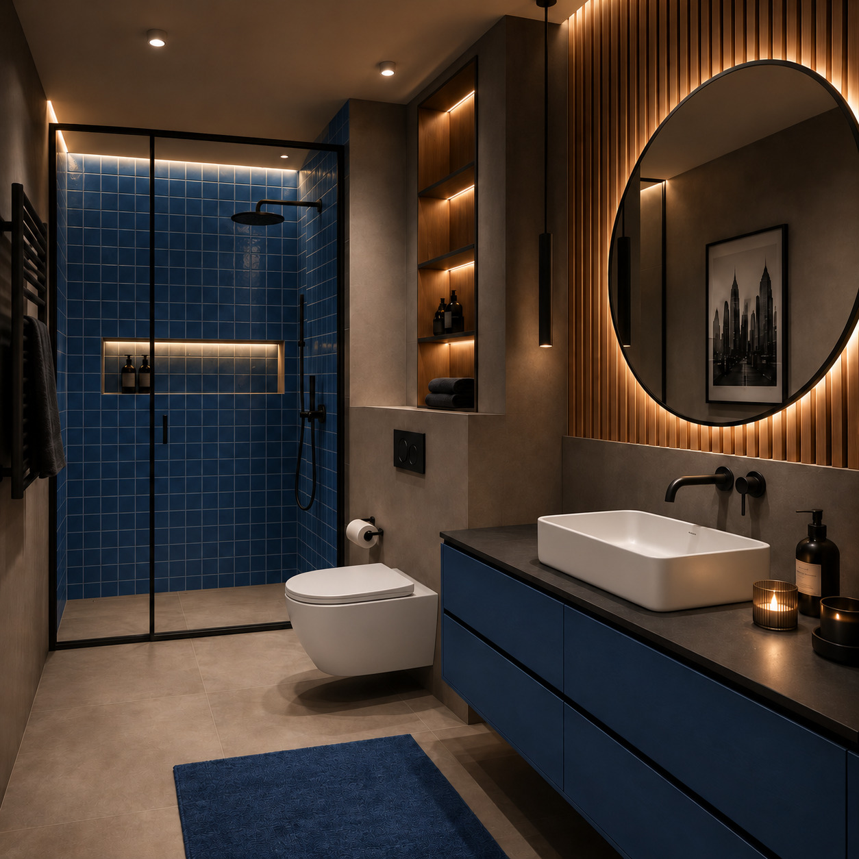 Kobalt Mavi & Ahşap Banyo