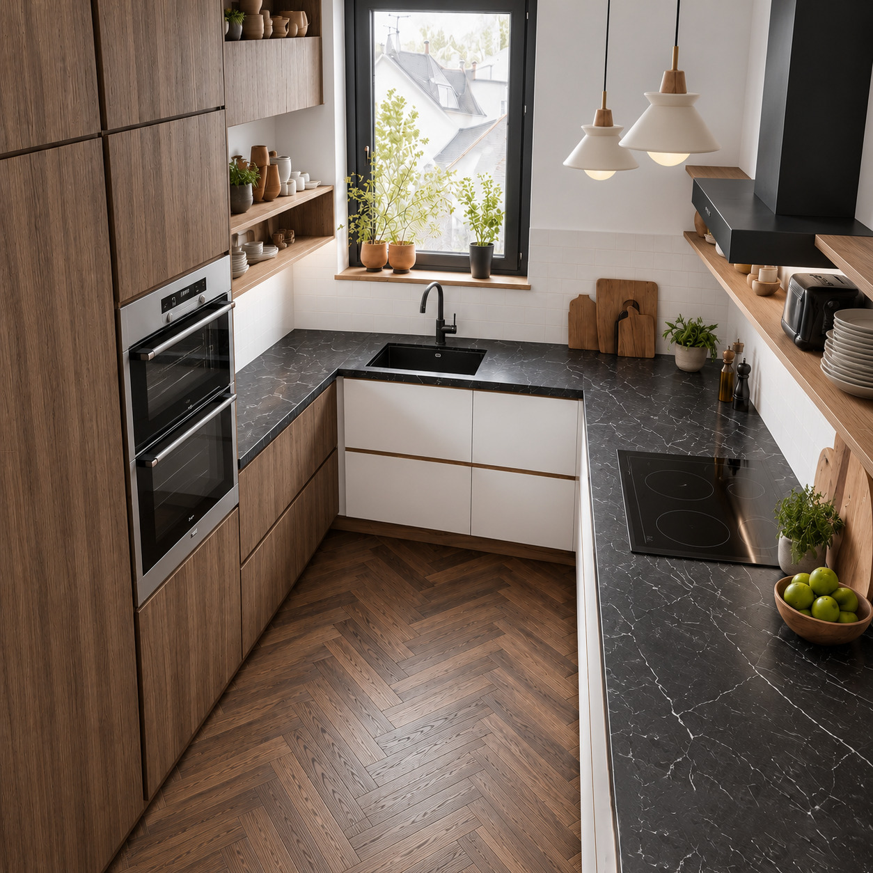 U-Shaped Kitchen with Porcelain Countertops and White Acrylic Doors