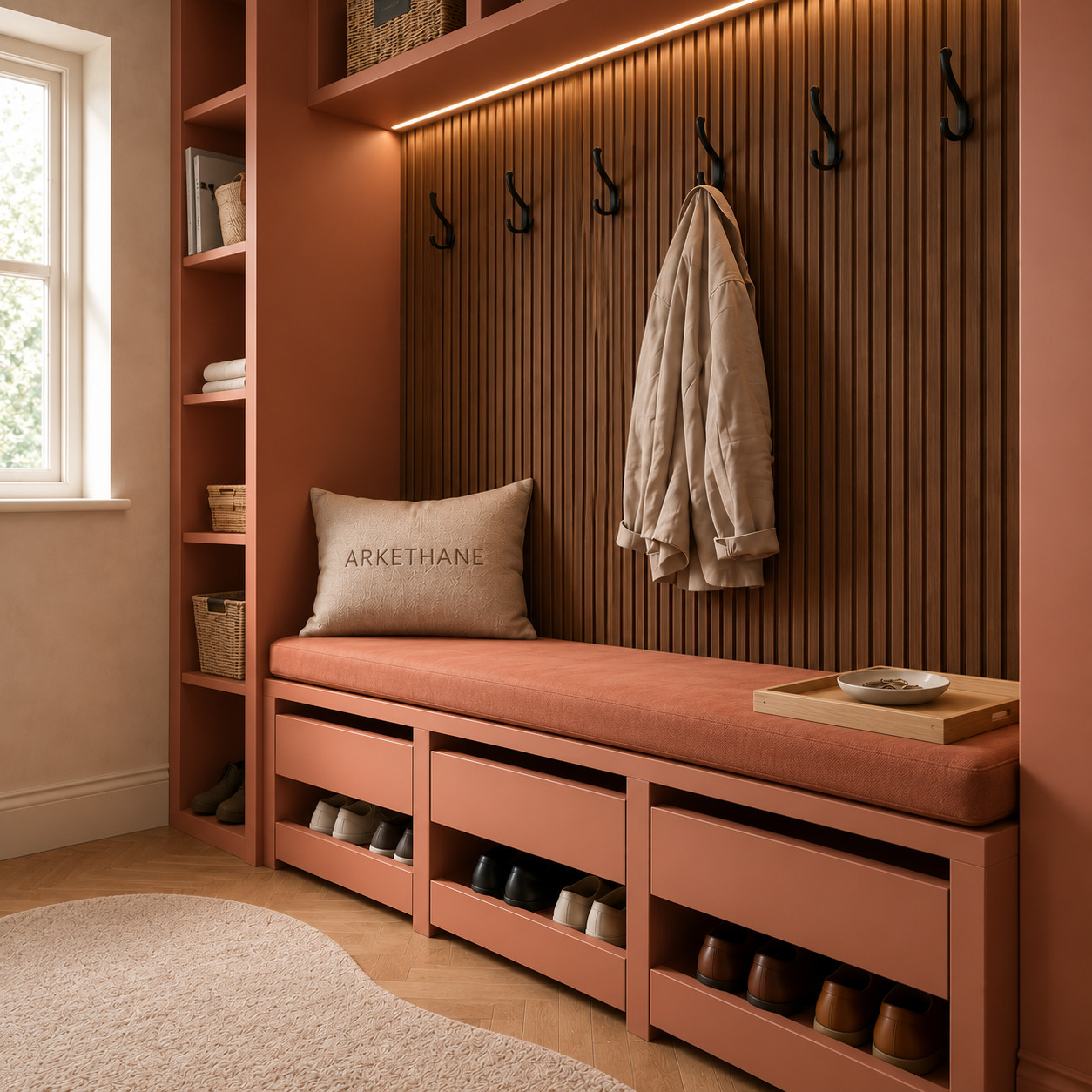 Hallway Storage with Natural Oak Slats and Terracotta Lacquer