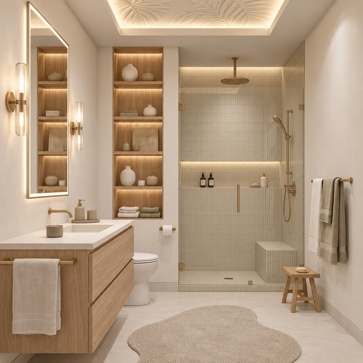 Japandi Bathroom Designs | Natural Timber and Recessed Shelving