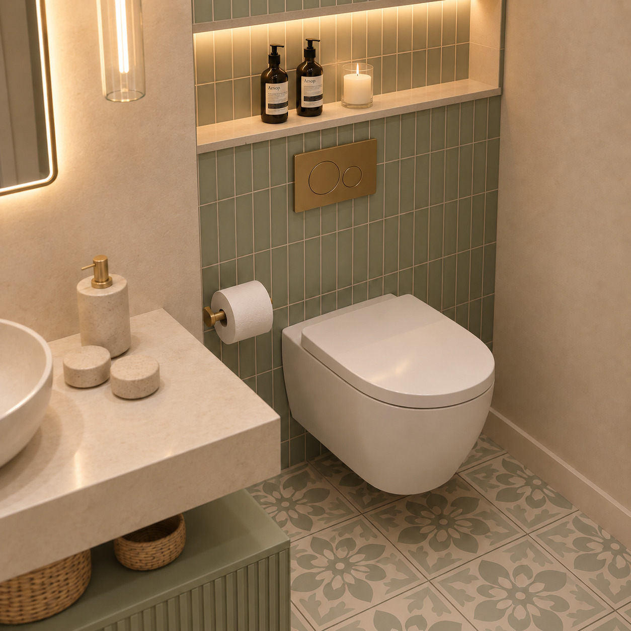 Akdeniz Tarzı Spa Banyo | Desenli Zemin Karosu ve Çanak Lavabo