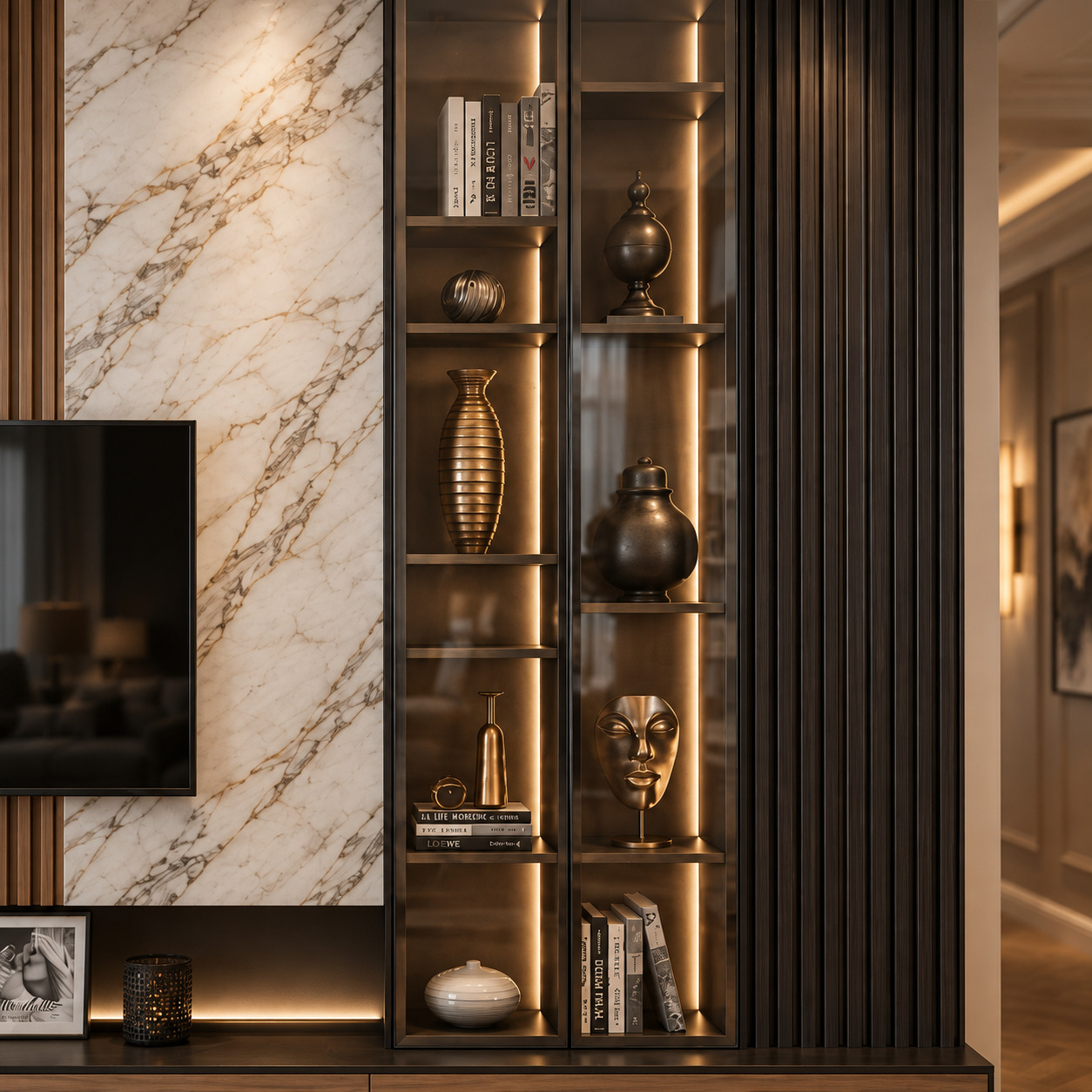 Lüks Salon TV Ünitesi | Doğal Taş Plaka ve Füme Cam Dolaplı TV Ünitesi