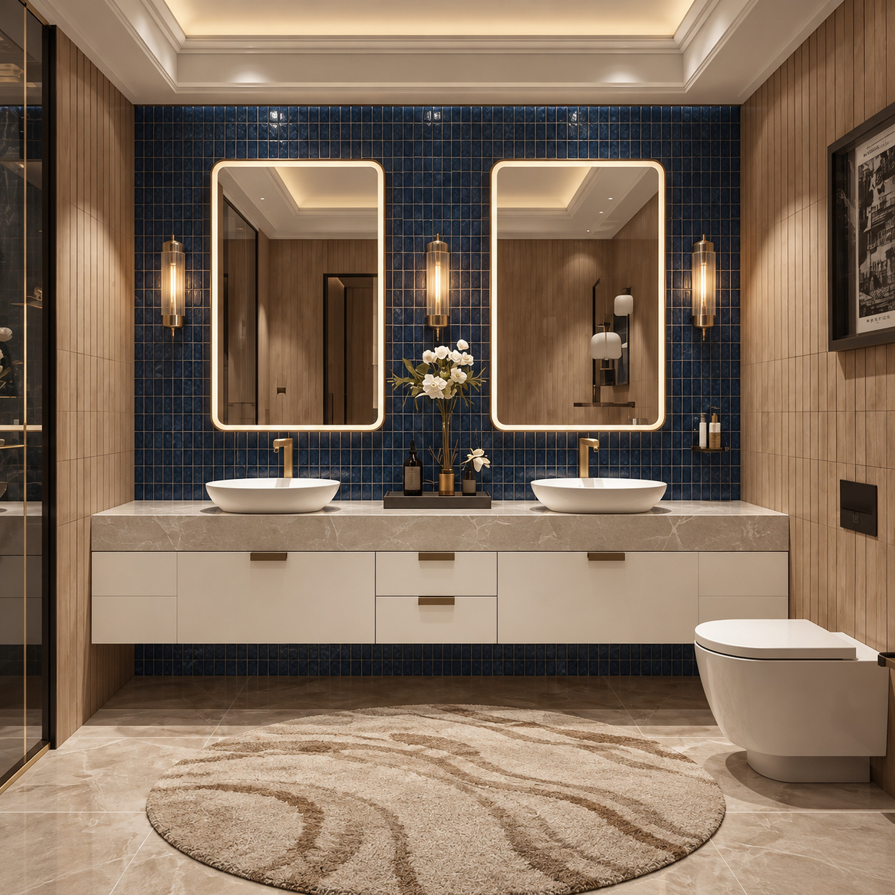 Mozaikli Banyo Modelleri | Çift Lavabolu Lüks Banyo Dolabı