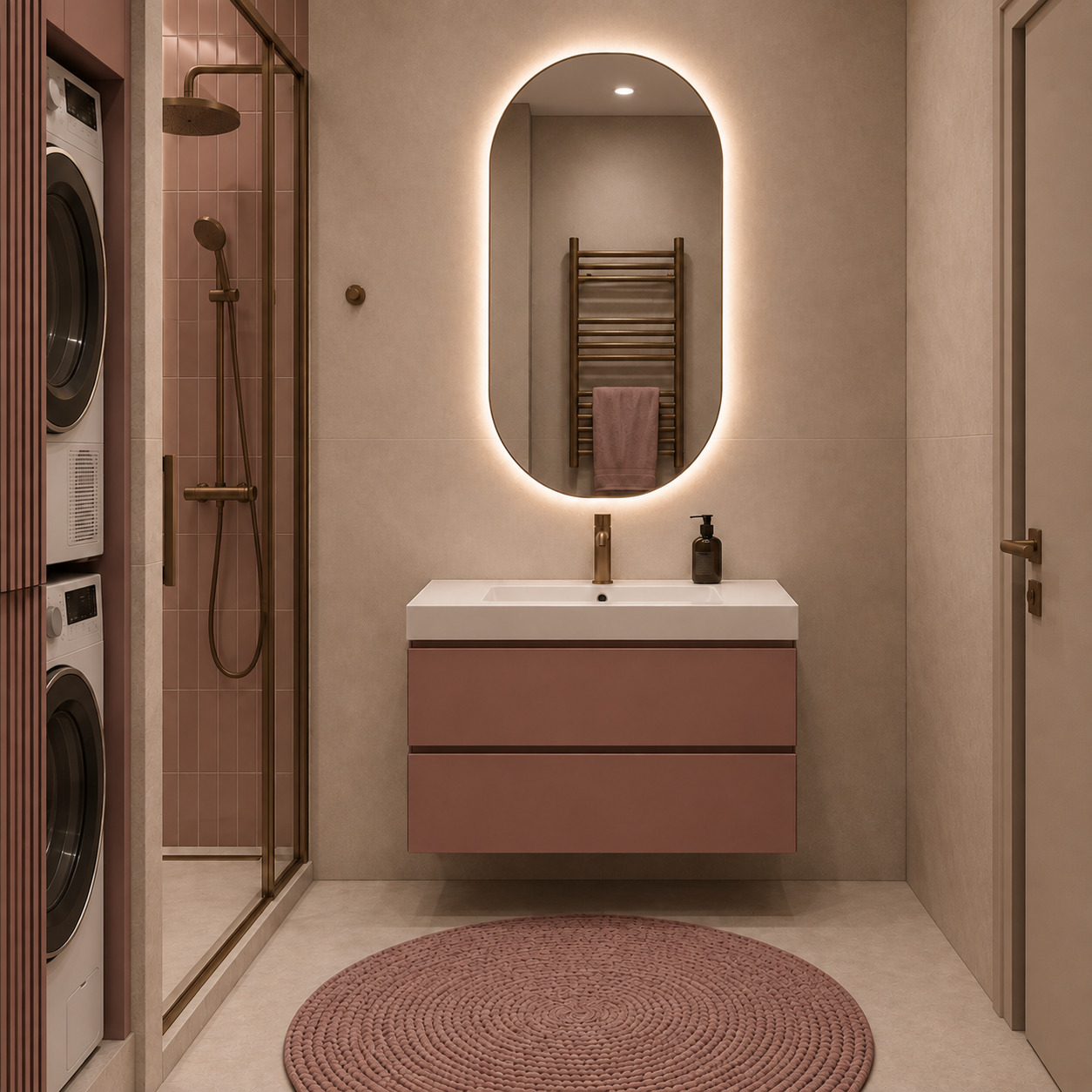 Dusty Rose & Laundry Integrated Modern Bathroom