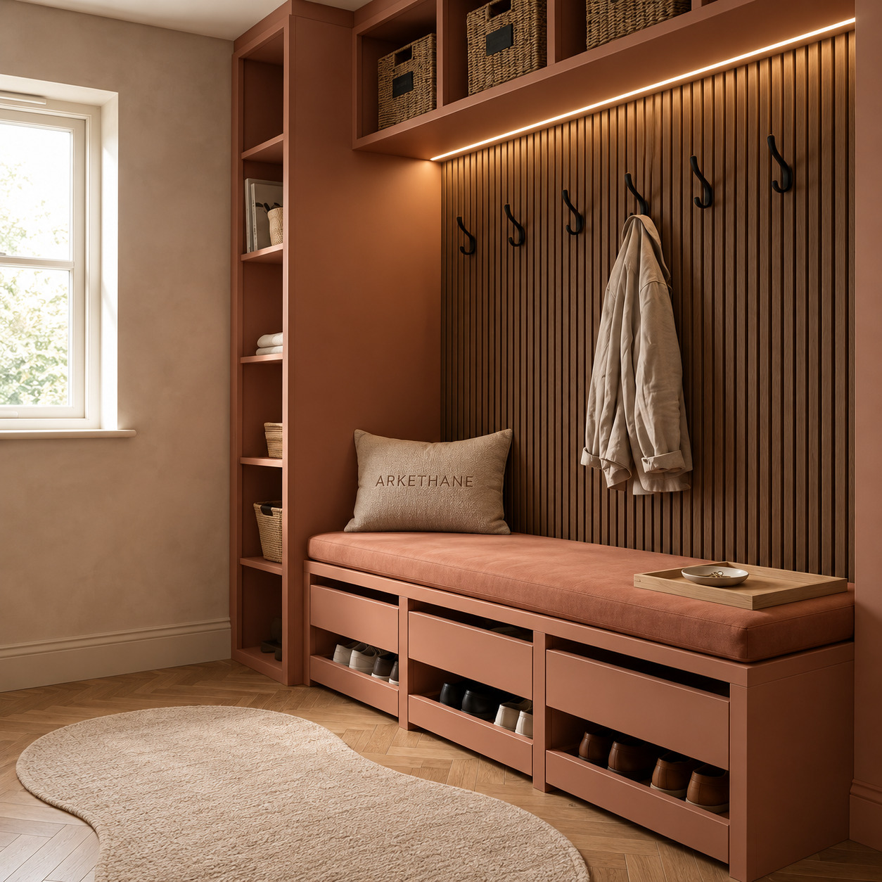 Hallway Storage with Natural Oak Slats and Terracotta Lacquer