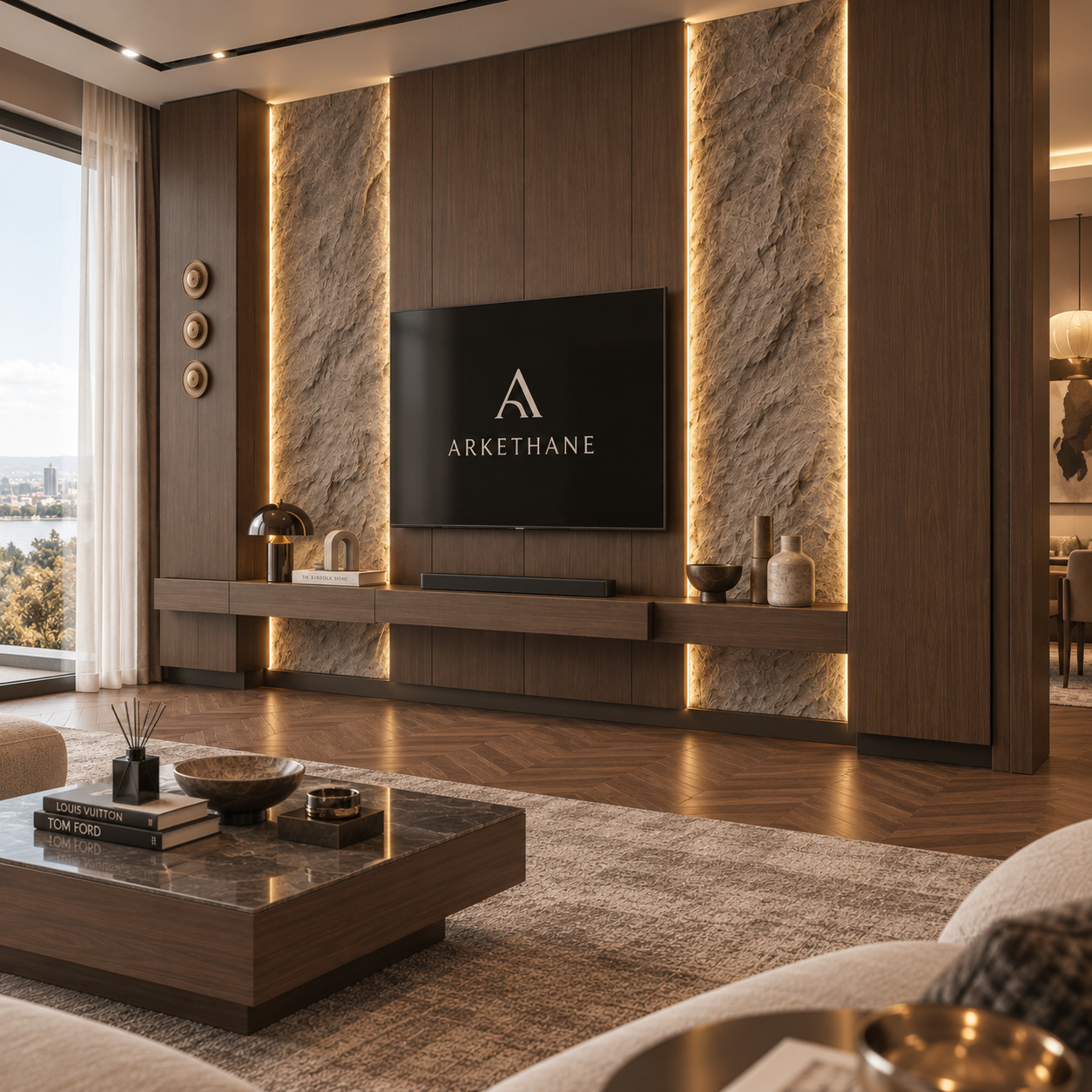3D Rölyef Taş Duvar TV Ünitesi | Gizli Ledli Asma Konsol TV Ünitesi