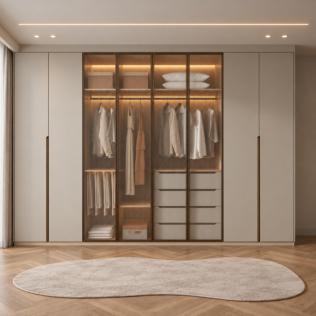 Fluted-Glass Wardrobe Designs | Illuminated Clothing Display and Integrated Drawers